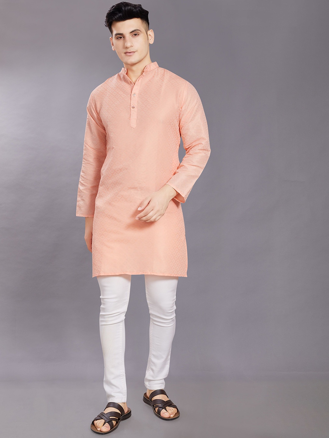 

DIVISIVE Geometric Woven Design Mandarin Collar Thread Work Jacquard Straight Kurta, Peach