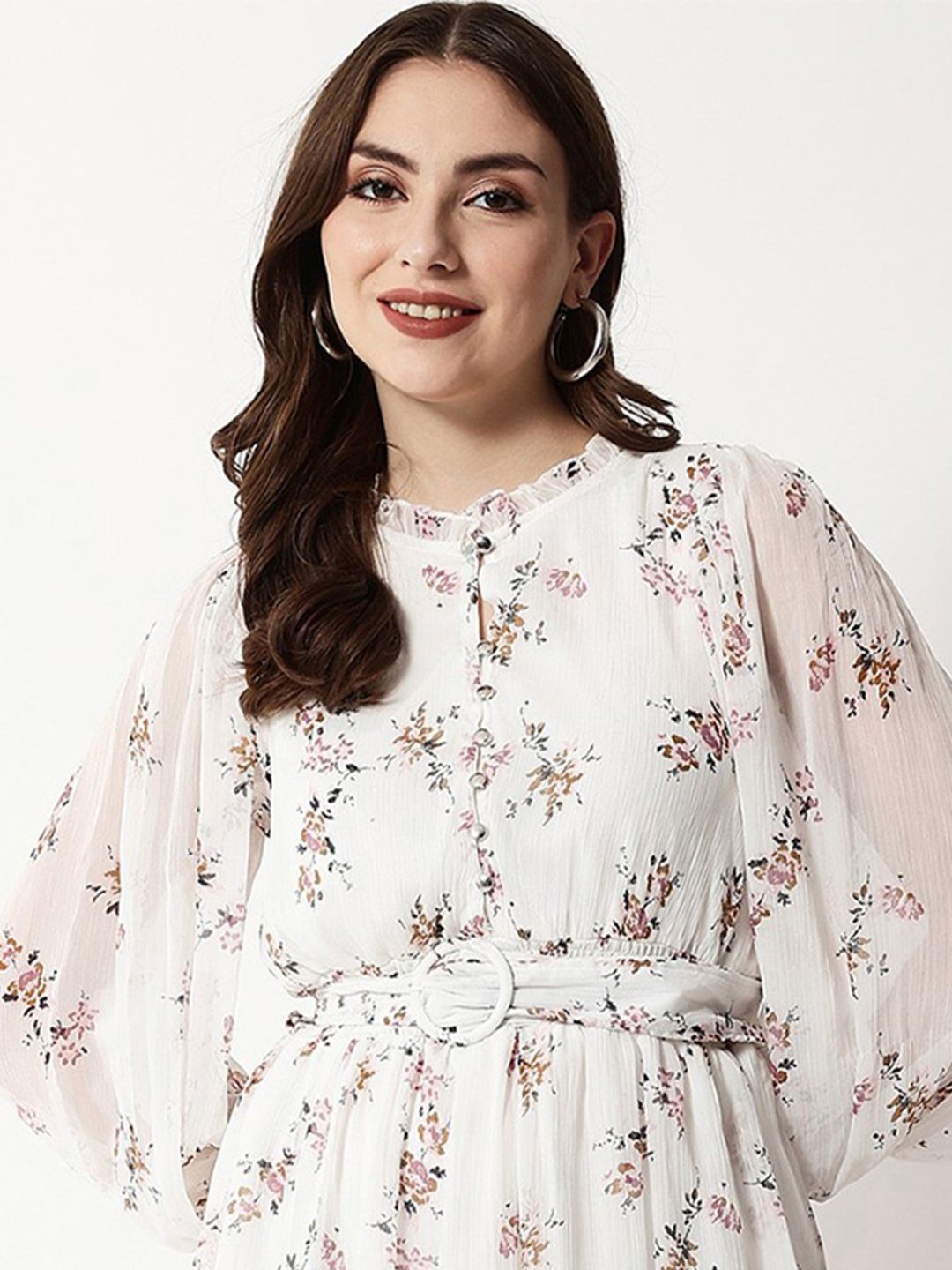

ARAVALII Floral Printed Puff Sleeve Chiffon Fit and Flare Mini Dress Comes with a belt, White