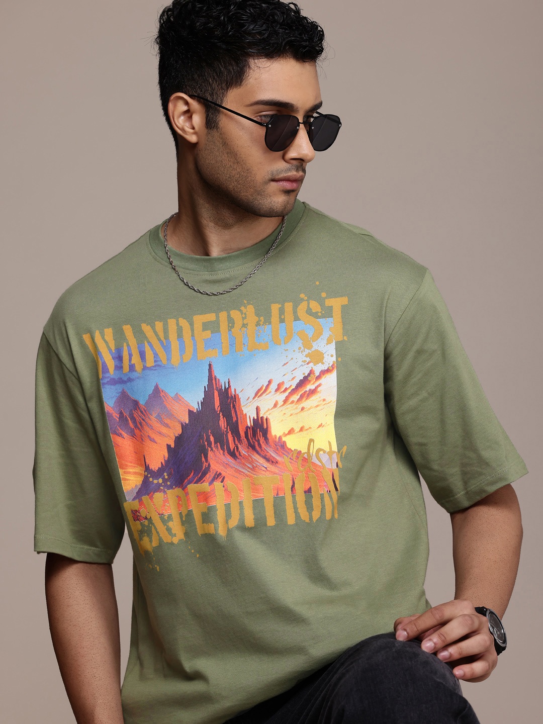 

The Roadster Life Co. Printed Pure Cotton Relaxed Fit T-shirt, Olive
