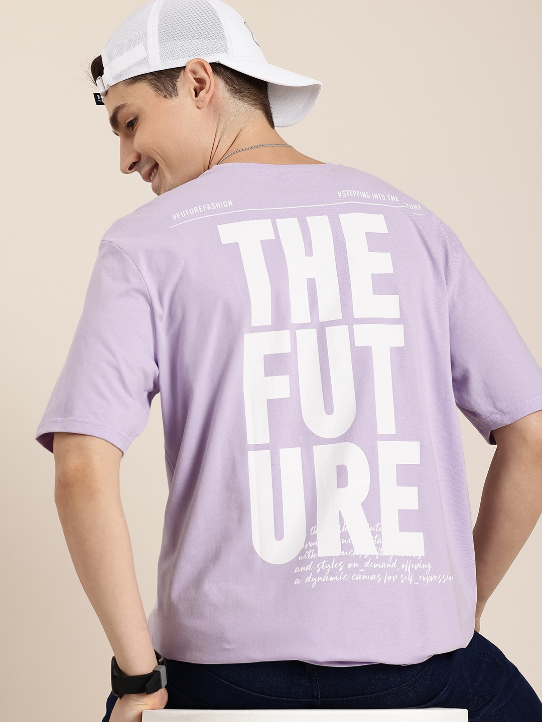 

HERE&NOW Typography Printed Drop-Shoulder Sleeves Pure Cotton T-shirt, Lavender