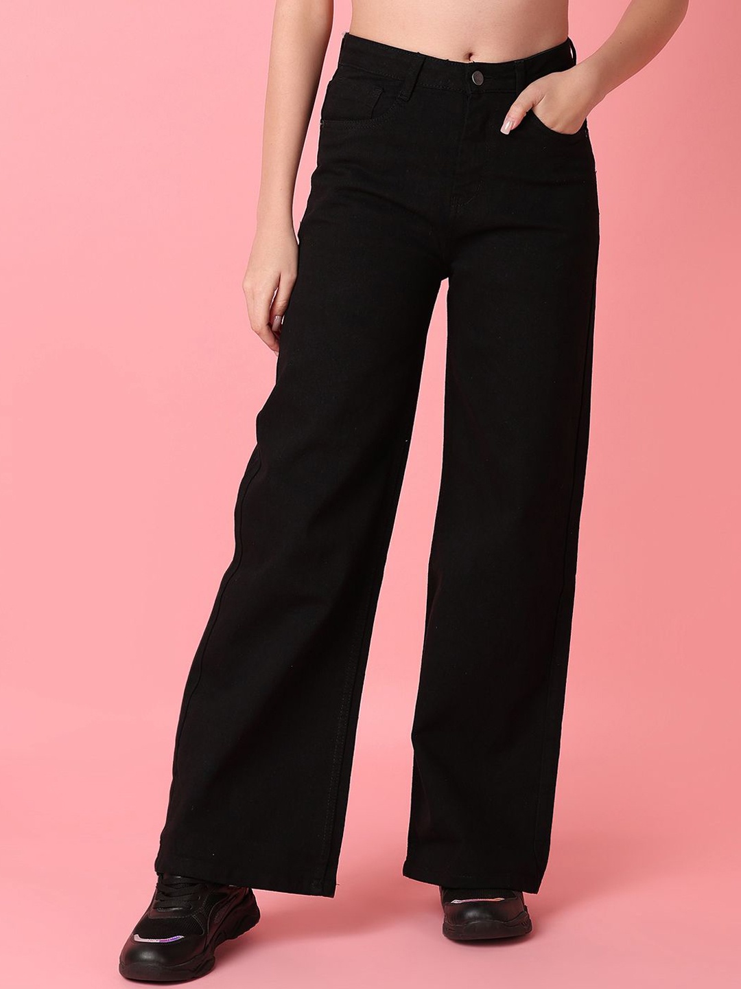 

UNLIMITED Women Wide Leg Mid-Rise Cotton Jeans, Black