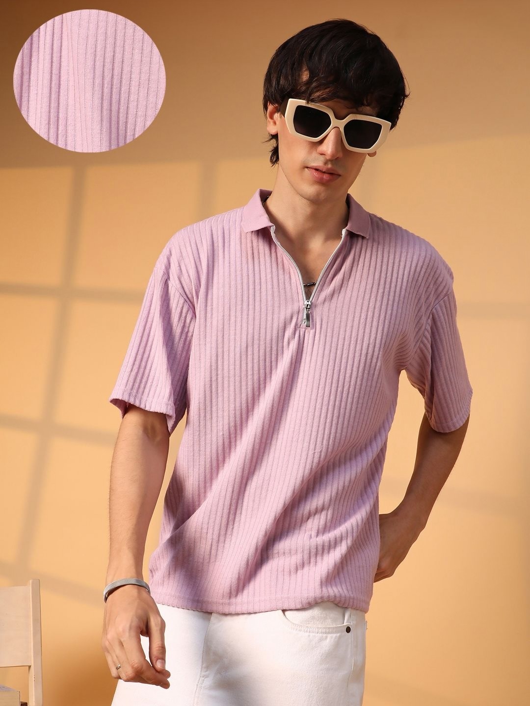 

Campus Sutra Men Self Design Polo Collar Cotton T-Shirt, Purple