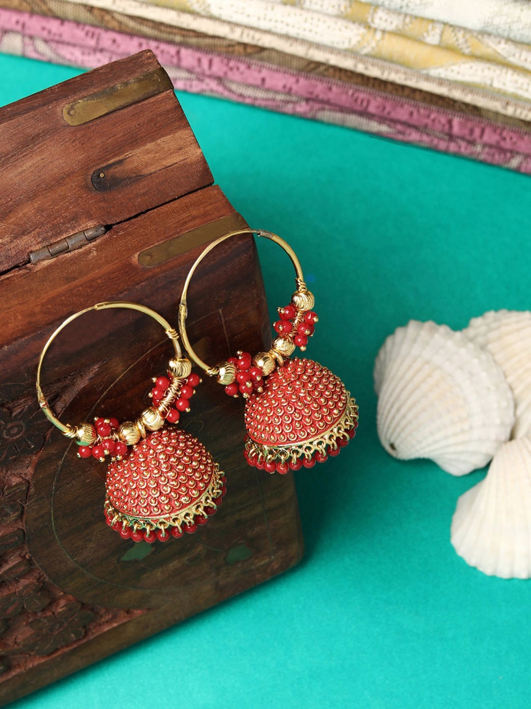 

Anouk Red Gold Plated Artificial Beads Dome Shape Jhumkas