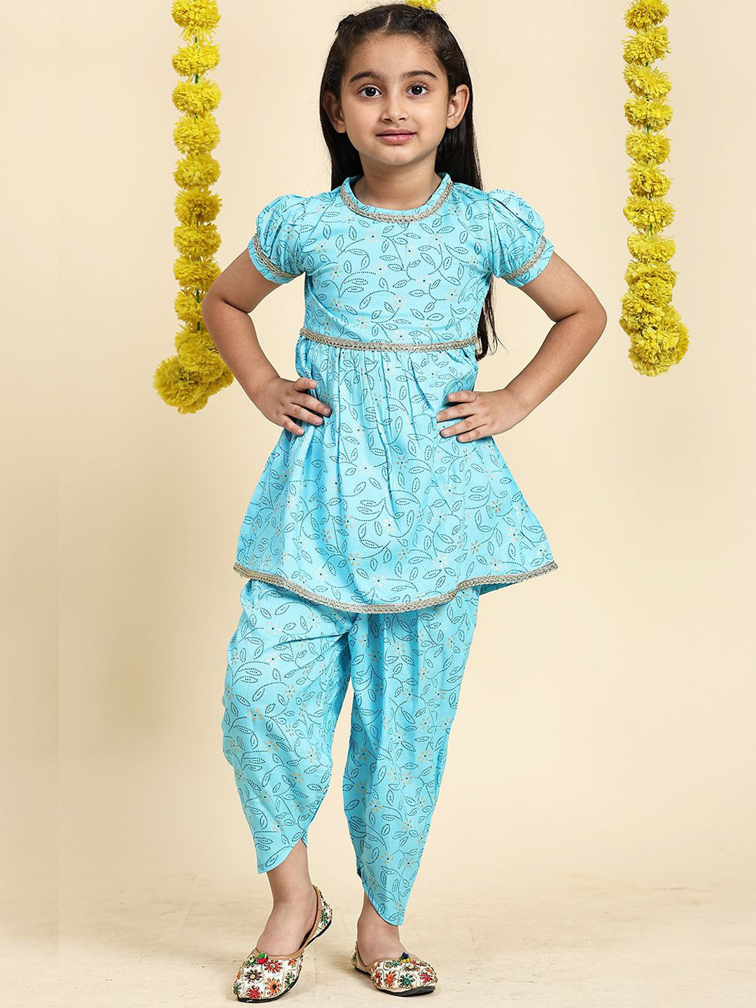 

Cutiekins Girls Floral Printed Gotta Patti A-Line Kurta With Dhoti Pants, Turquoise blue