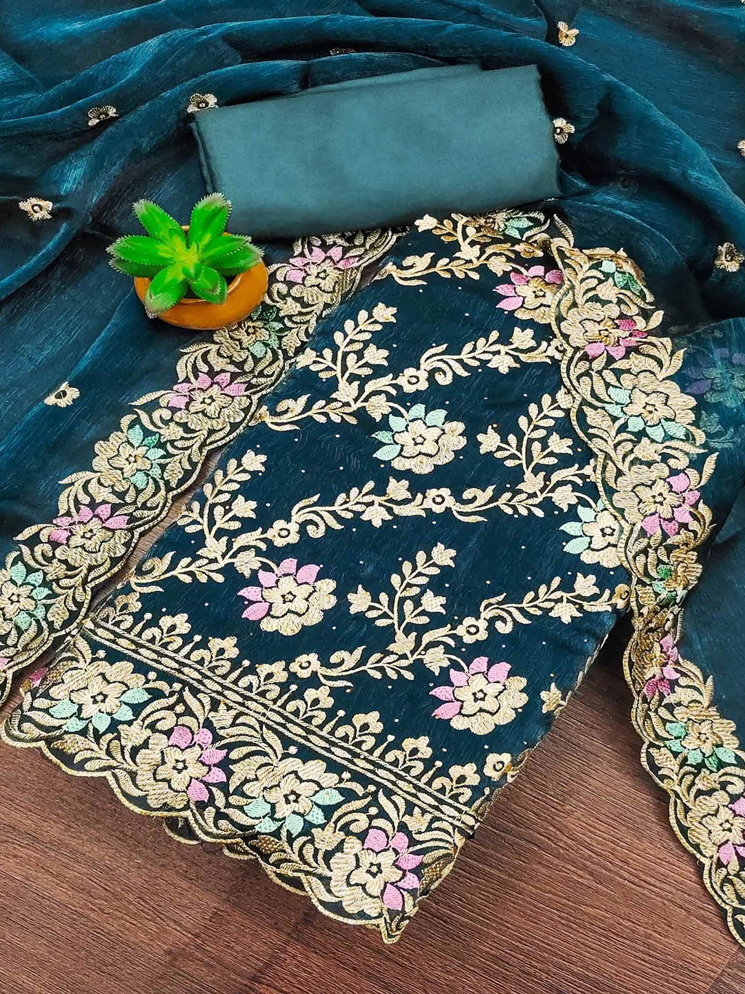 

Peachmode Floral Embroidered Beads and Stones Unstitched Dress Material, Blue