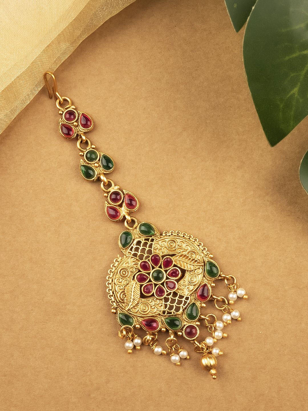 

StileAdda Gold-Plated Stones Studded Temple Maang Tikka