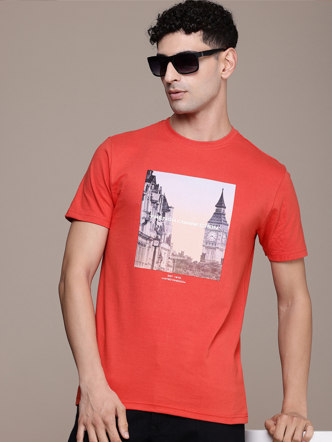 

French Connection Printed Pure Cotton T-shirt, Orange