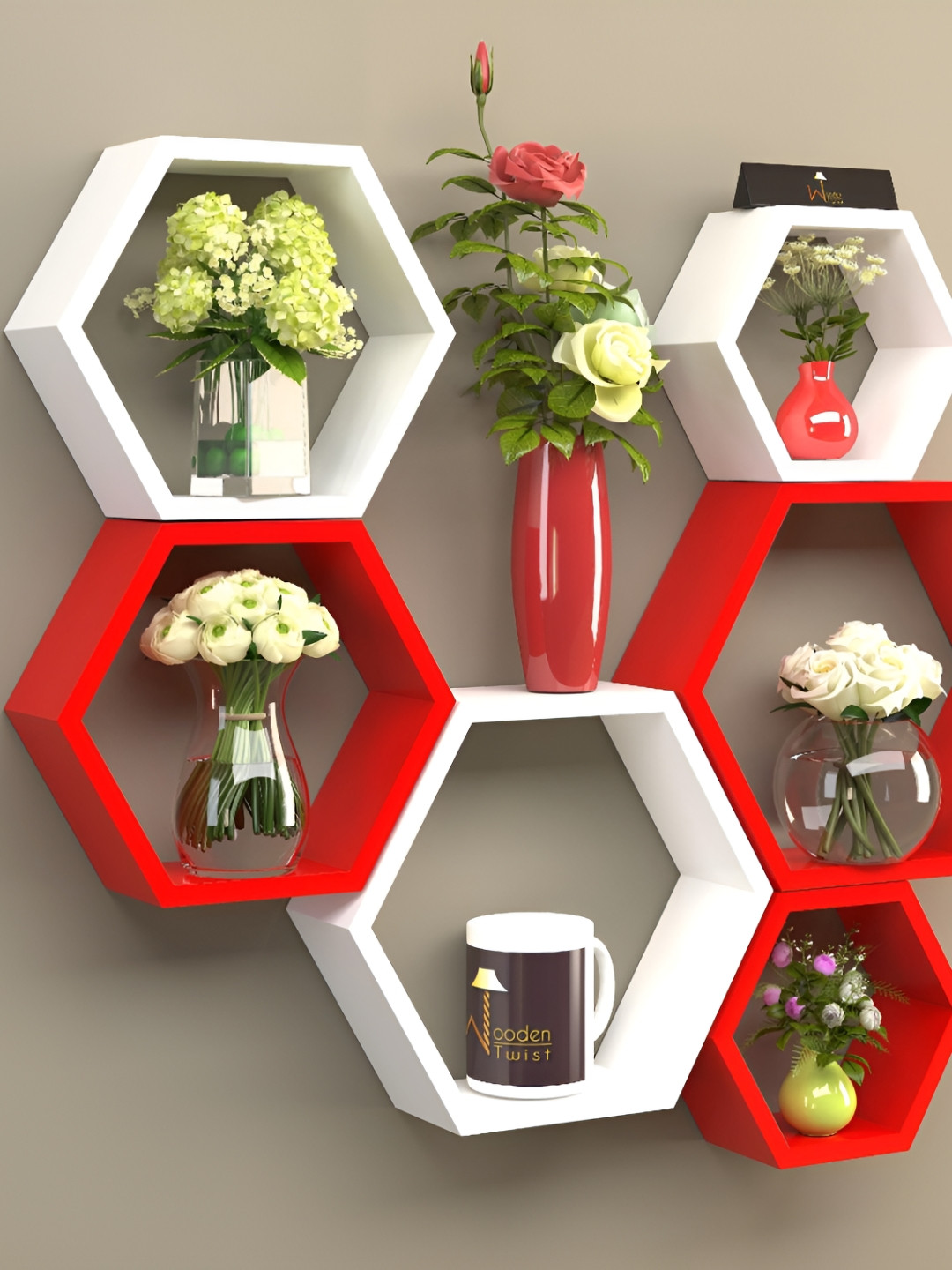 

Wooden Twist Red & White 6 Pieces Hexagonal Shape Wooden Floating Wall Shelves
