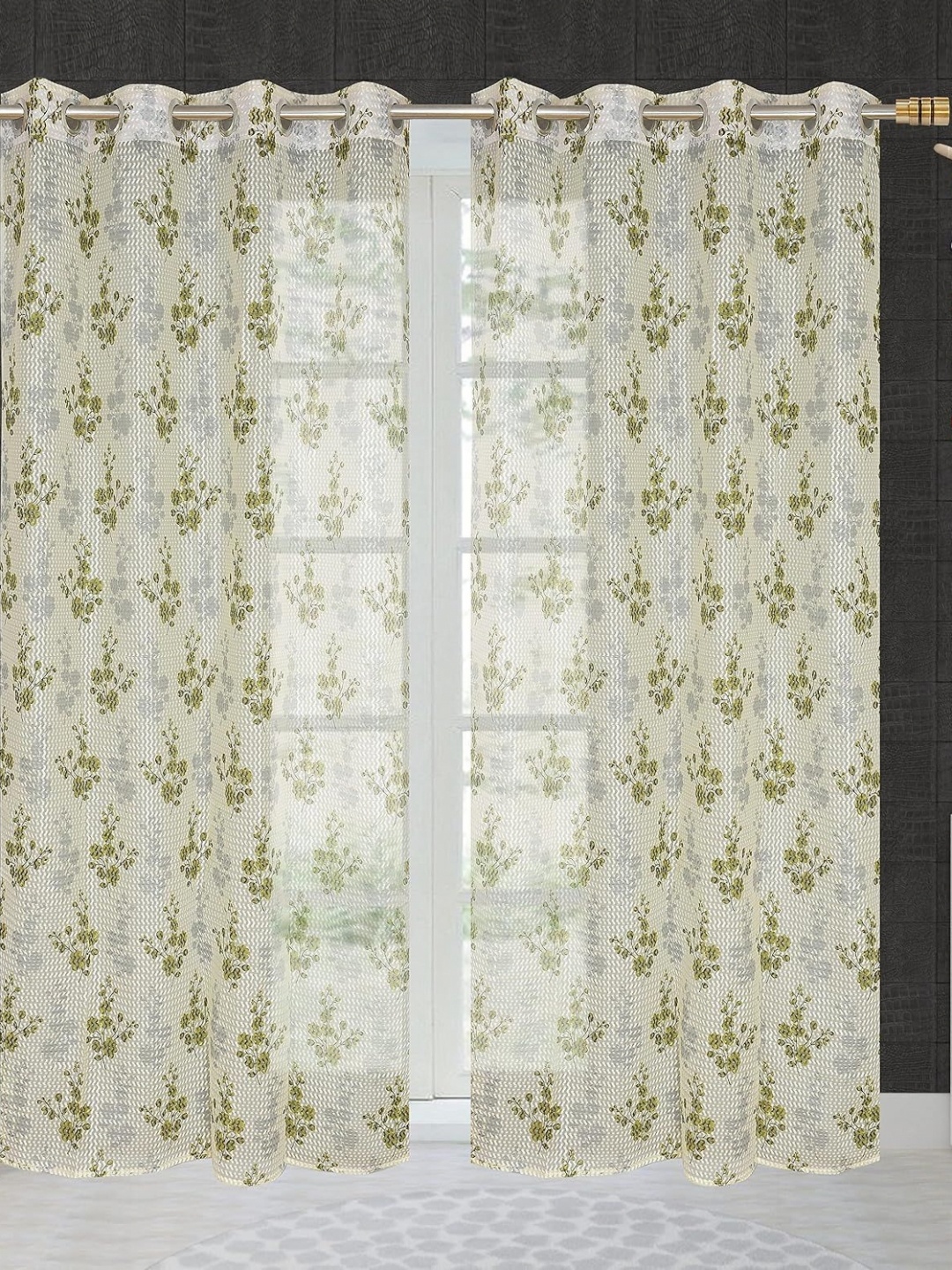 

JBG Home Store White & Green 2 Pieces Floral Printed Sheer Window Curtain