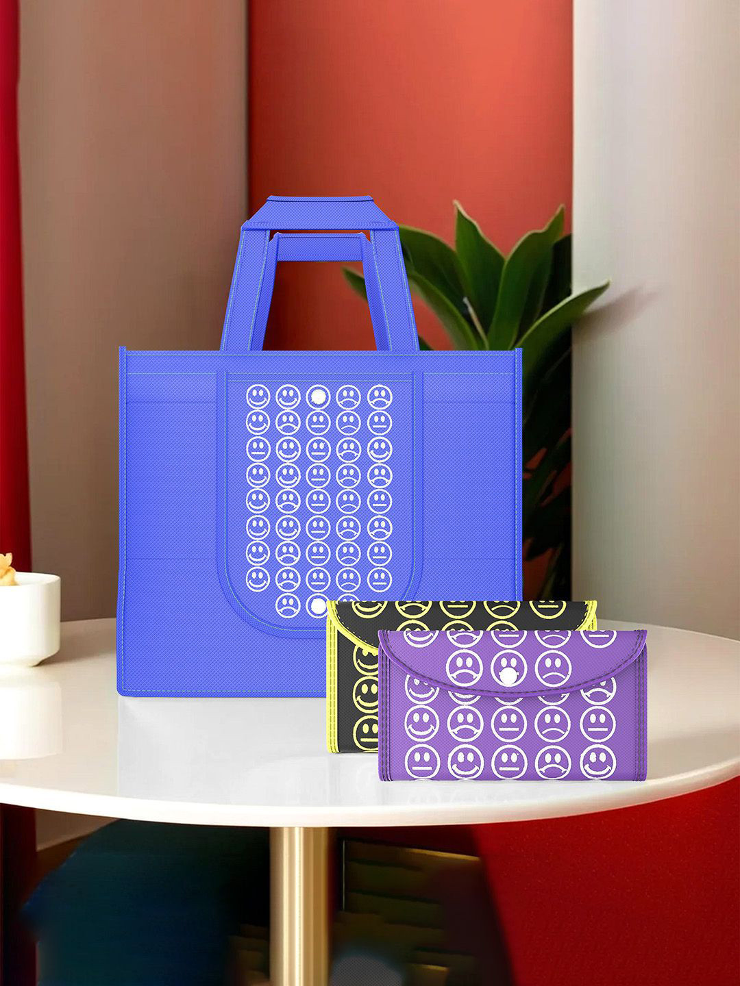 

Kuber Industries Set of 3 Smiley Printed Lightweight Foldable & Reusable Shopping Bags, Blue
