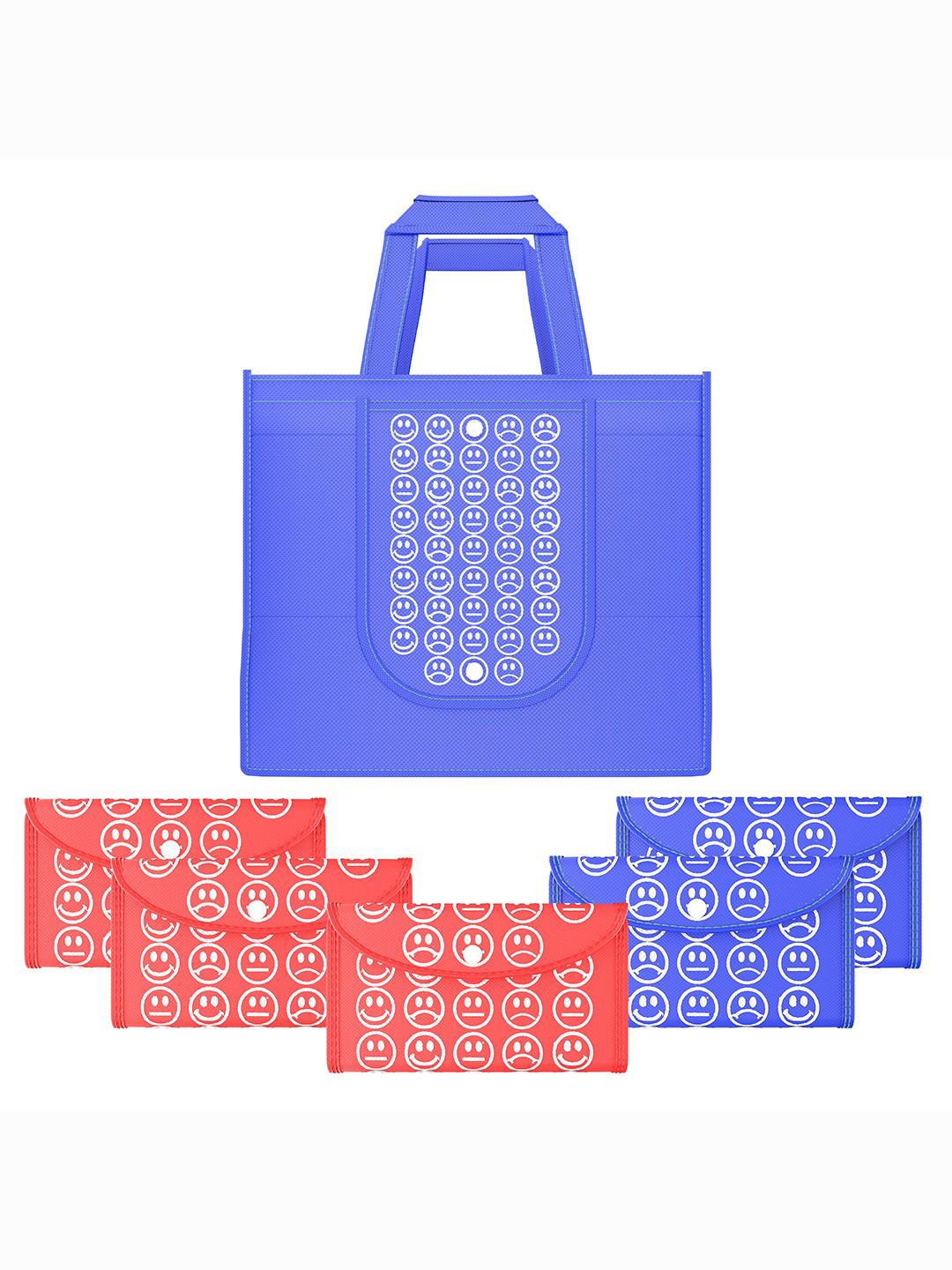 

Kuber Industries Set of 6 Smiley Printed Lightweight Foldable & Reusable Shopping Bags, Blue