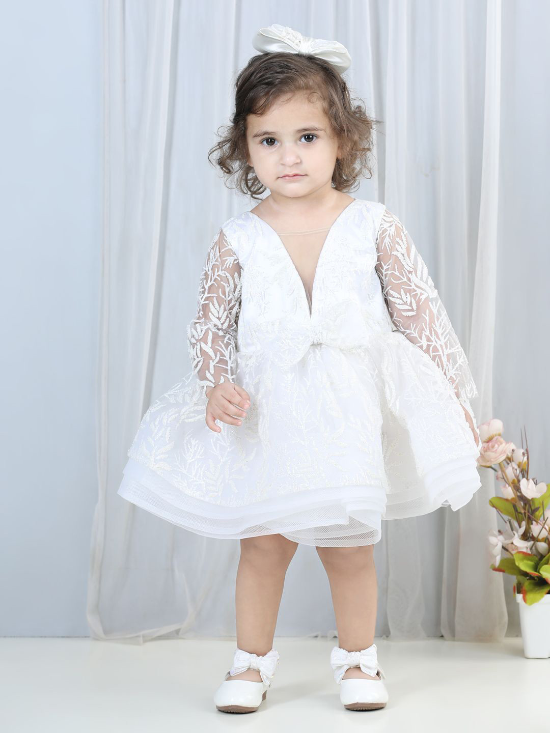 

The Lush Affair Girls Flared Sleeve Net Fit & Flare Dress With Bow, White