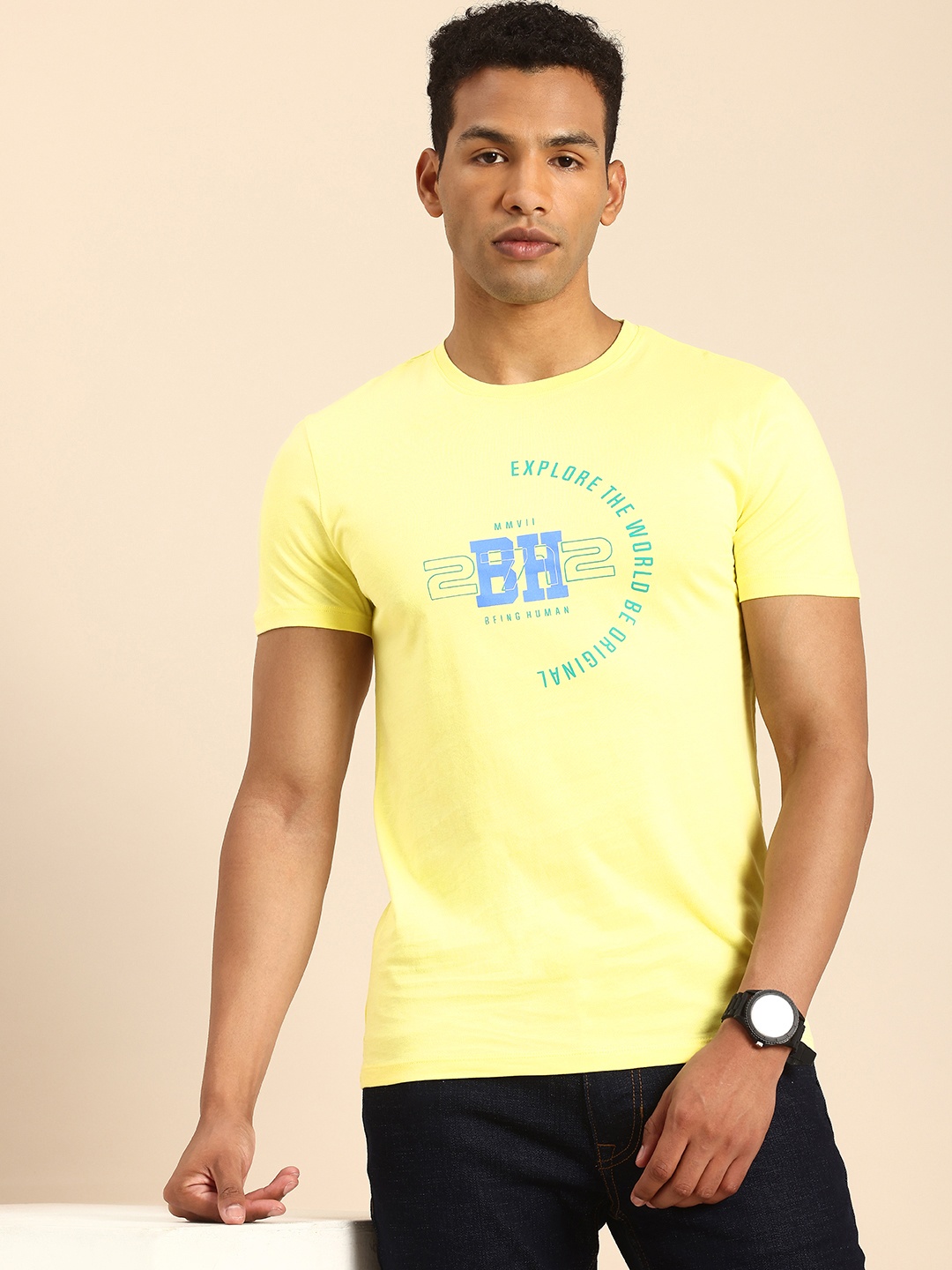 

Being Human Typography Printed Pure Cotton T-shirt, Yellow