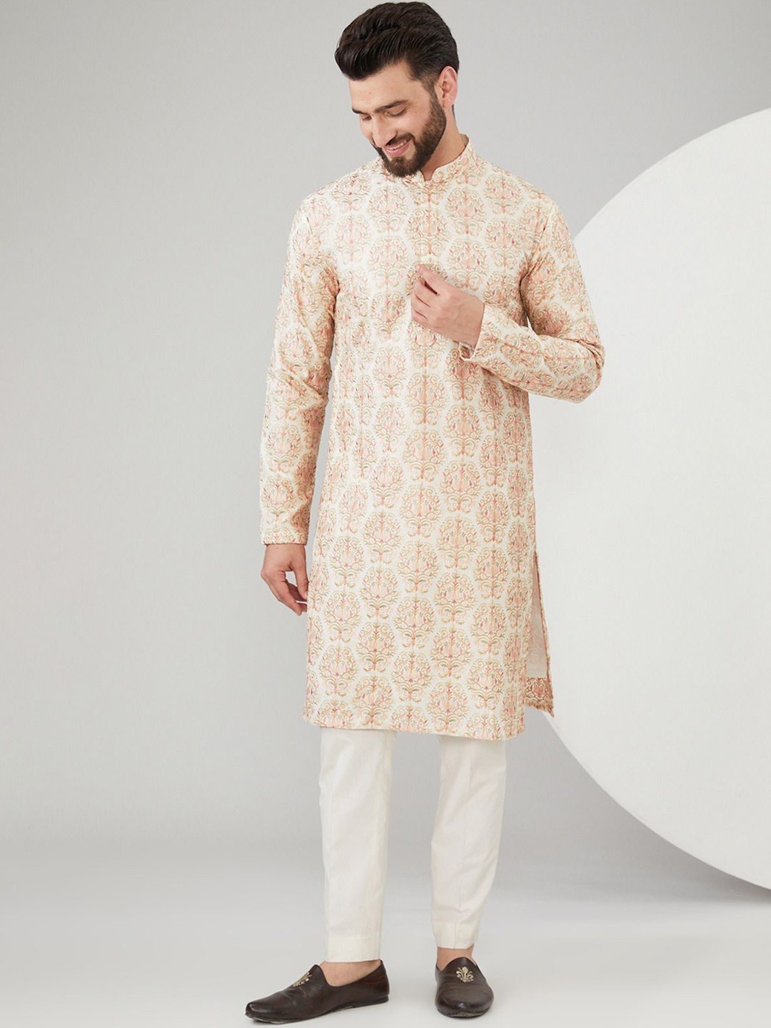 

KASBAH CLOTHING NISHCHAIY SAJDEH Embroidered Thread Work Mandarin Collar Silk Kurta, Beige