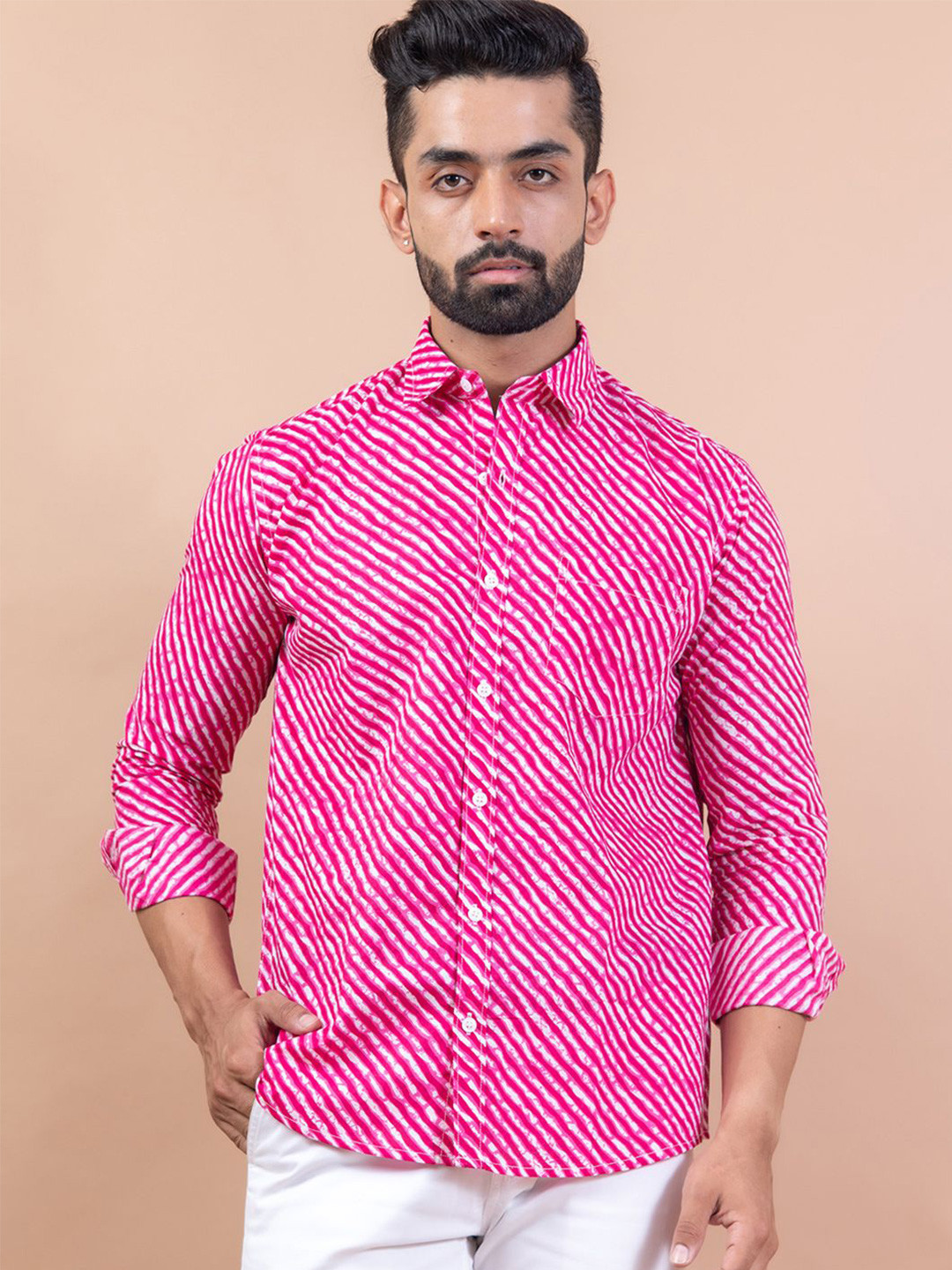 

Tistabene Men Standard Spread Collar Striped Cotton Casual Shirt, Pink
