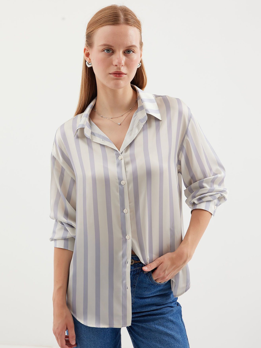 

BIGDART Women Spread Collar Striped Casual Shirt, White