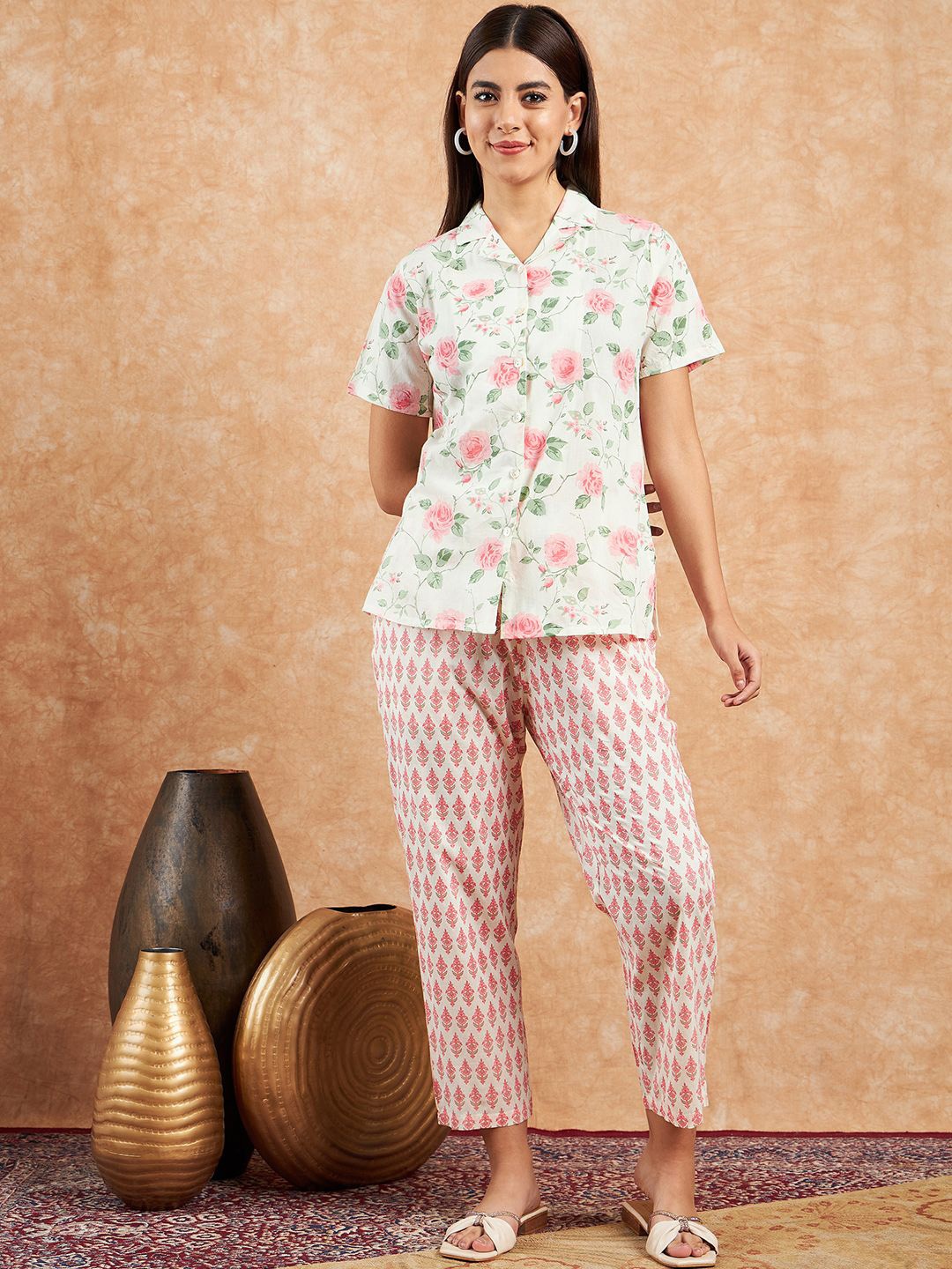 

Modeve Women Floral Printed Pure Cotton Co-Ord Set, Off white