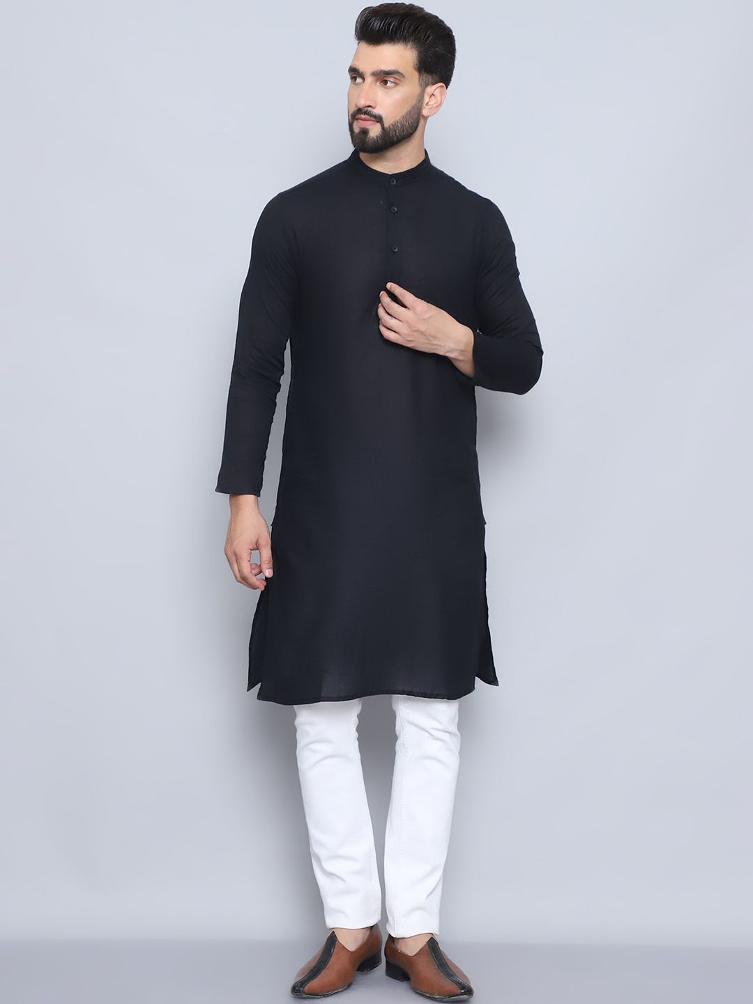 

even Mandarin Collar Pure Cotton Straight Kurta, Black