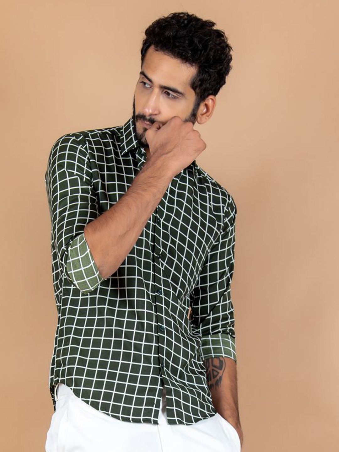 

Tistabene Men Standard Spread Collar Gingham Checked Crepe Casual Shirt, Green