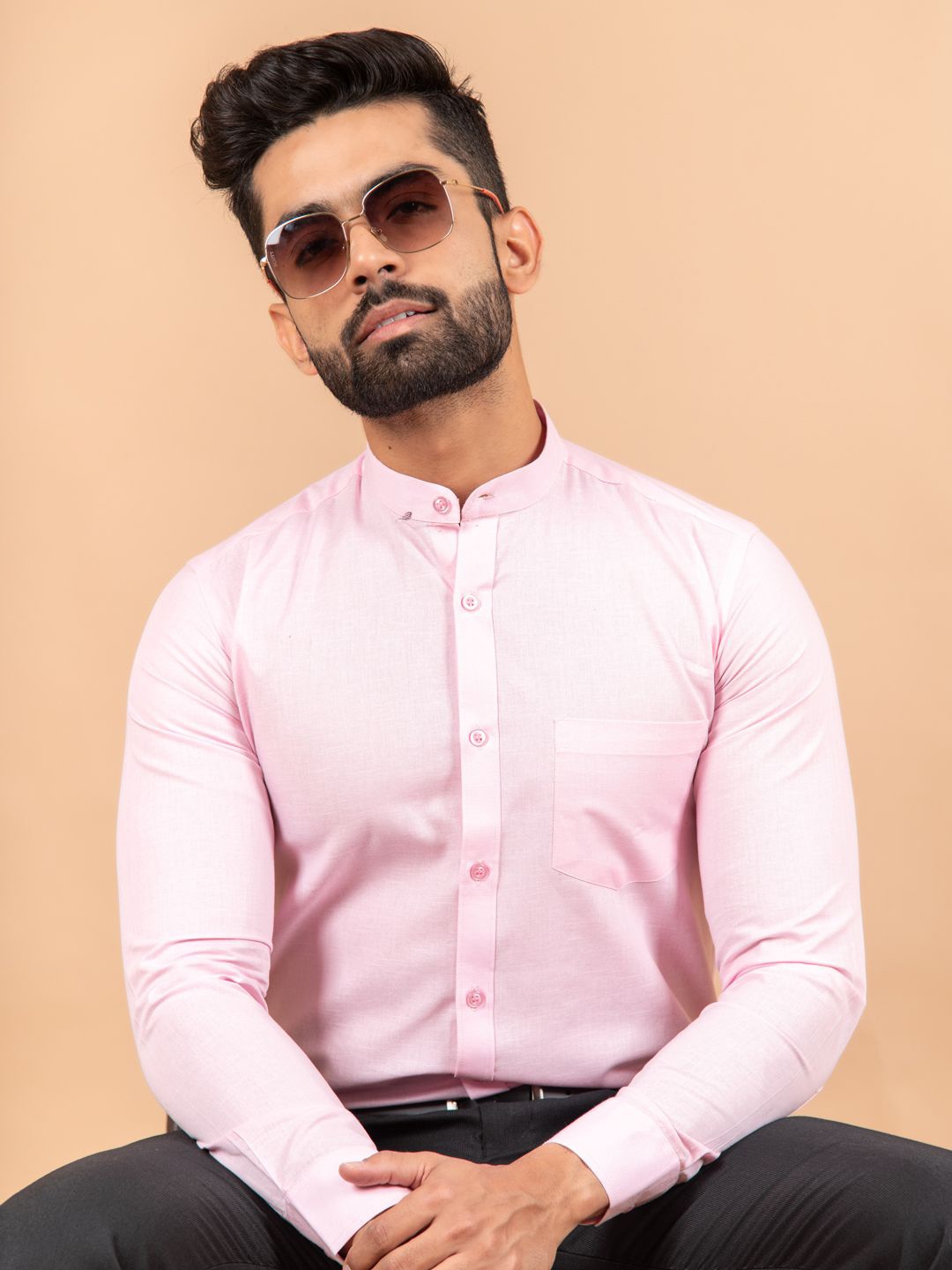 

Tistabene Men Standard Band Collar Solid Linen Casual Shirt, Pink