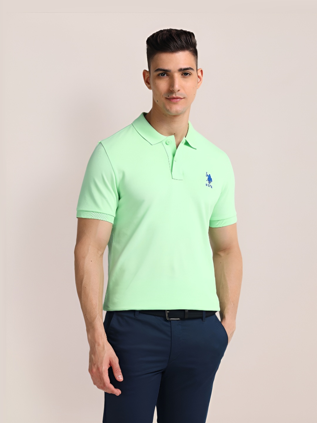 

U.S. Polo Assn. Men Solid Polo Collar Cotton Slim Fit T-Shirt, Green