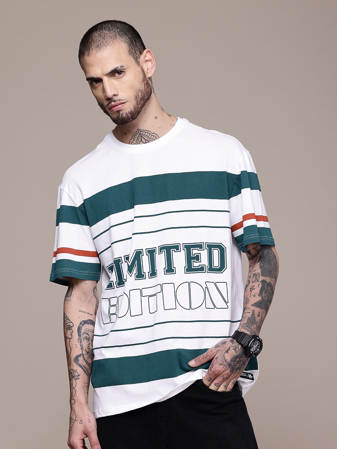 

WROGN Striped & Typography Drop-Shoulder Sleeves Pure Cotton Oversized T-shirt, White