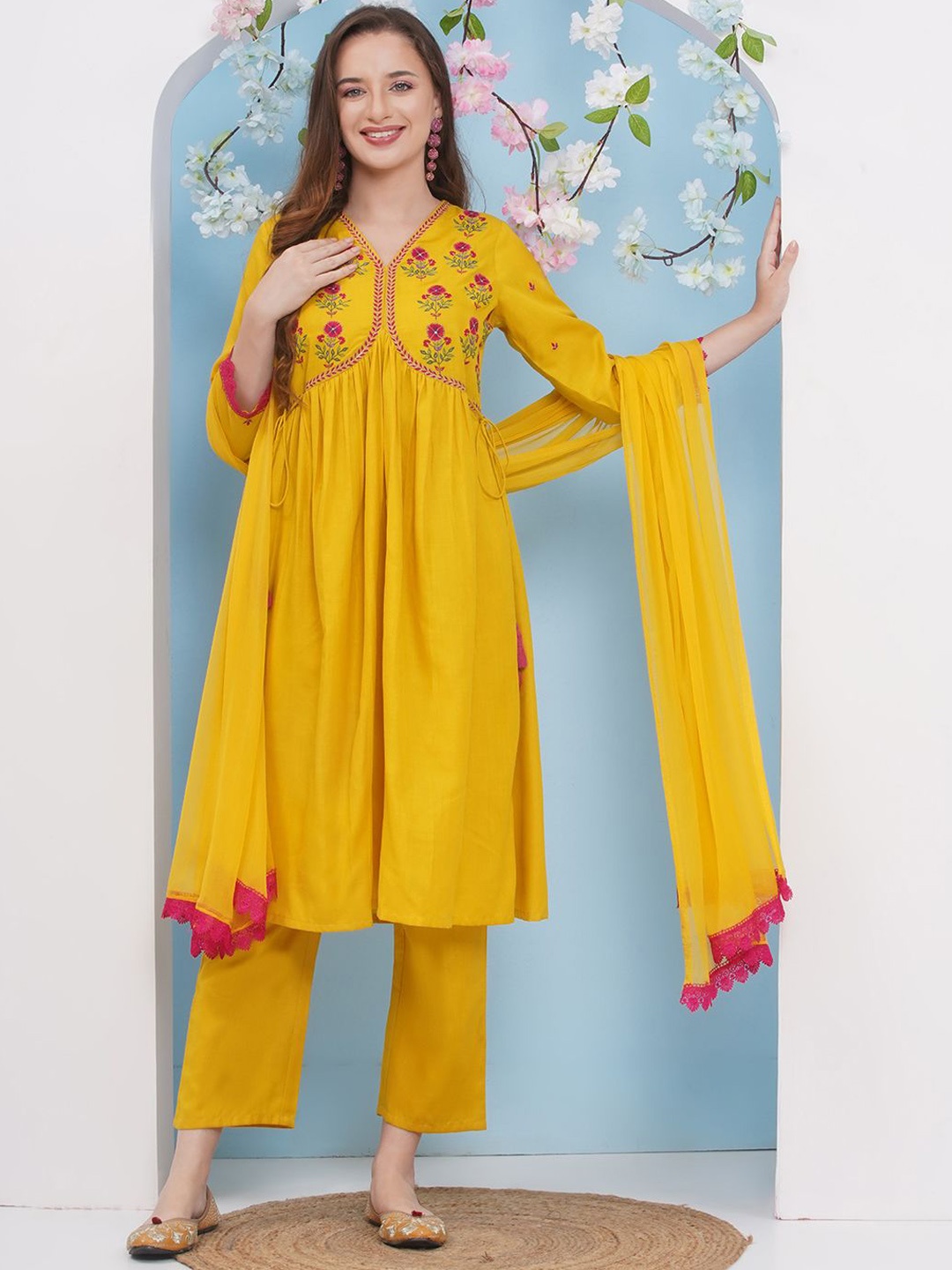 

Bhama Couture Floral Embroidered Anarkali Kurta With Palazzos & Dupatta, Yellow
