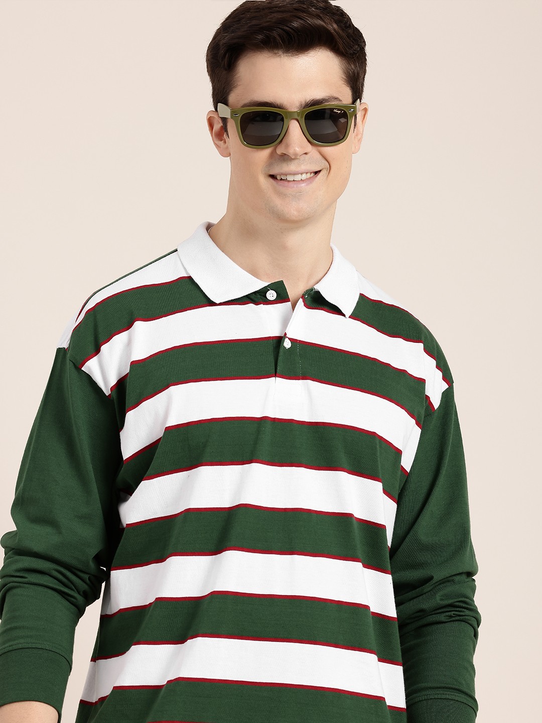 

HERE&NOW Striped Polo Collar Drop-Shoulder Sleeves T-shirt, Green