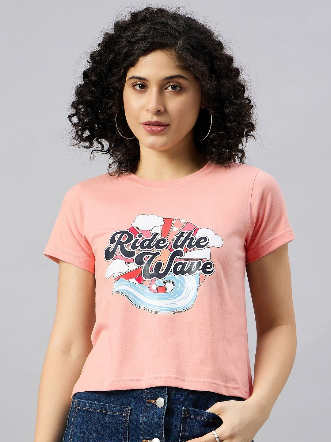 

REPRISE Women Typography Printed Round Neck Cotton T-shirt, Peach