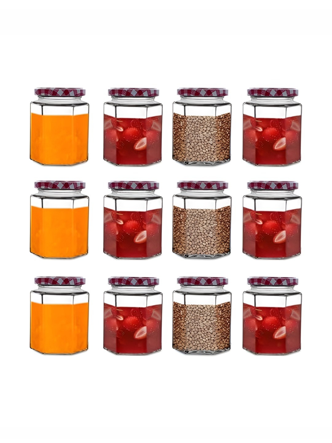 

CROCO JAR Transparent & Red 12 Pieces Piramal Hexagonal Shape Glass Food Containers 250ml