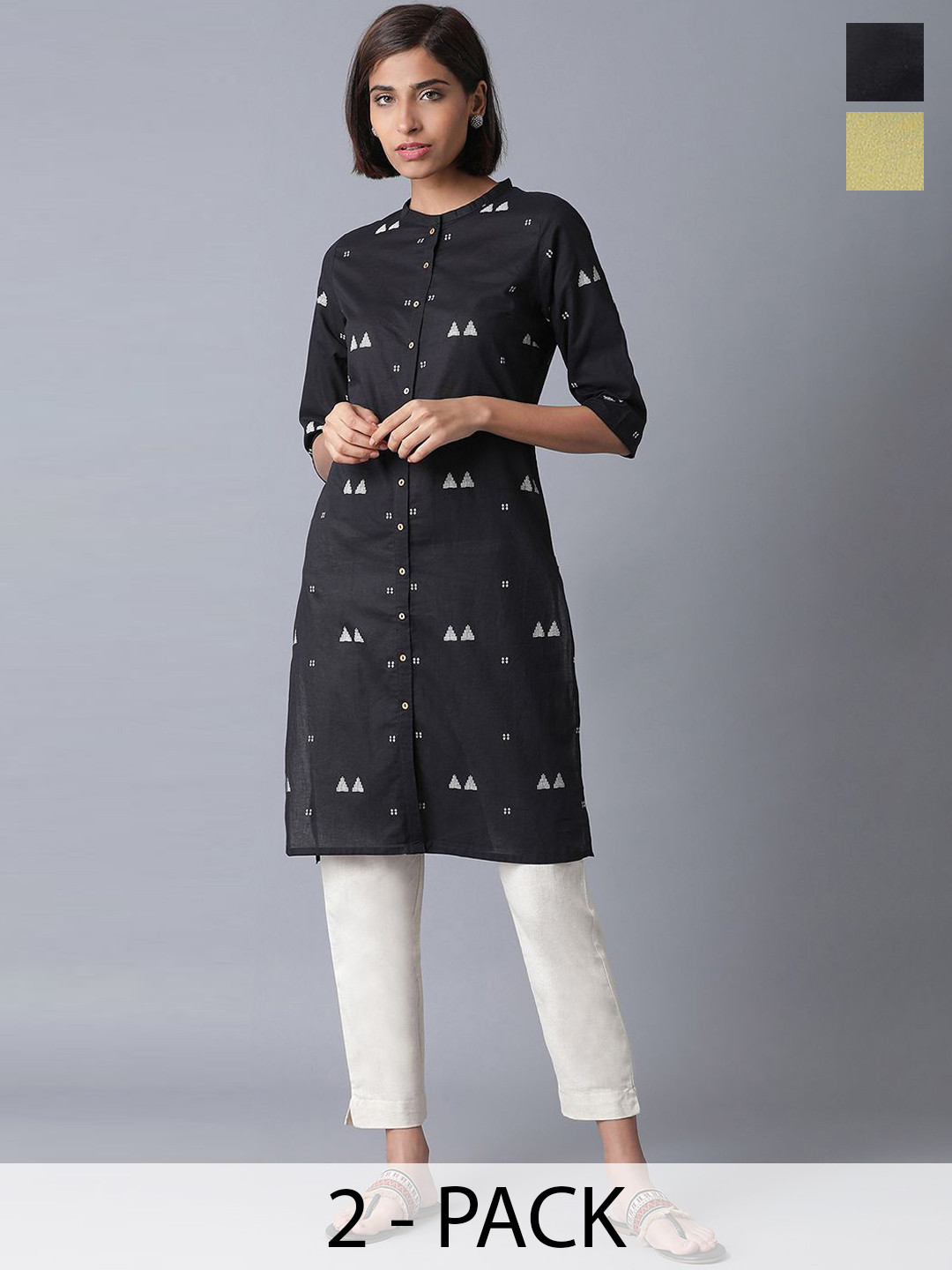 

W Green & Black Pack Of 2 Geometric Printed Mandarin Collar Straight Kurtas