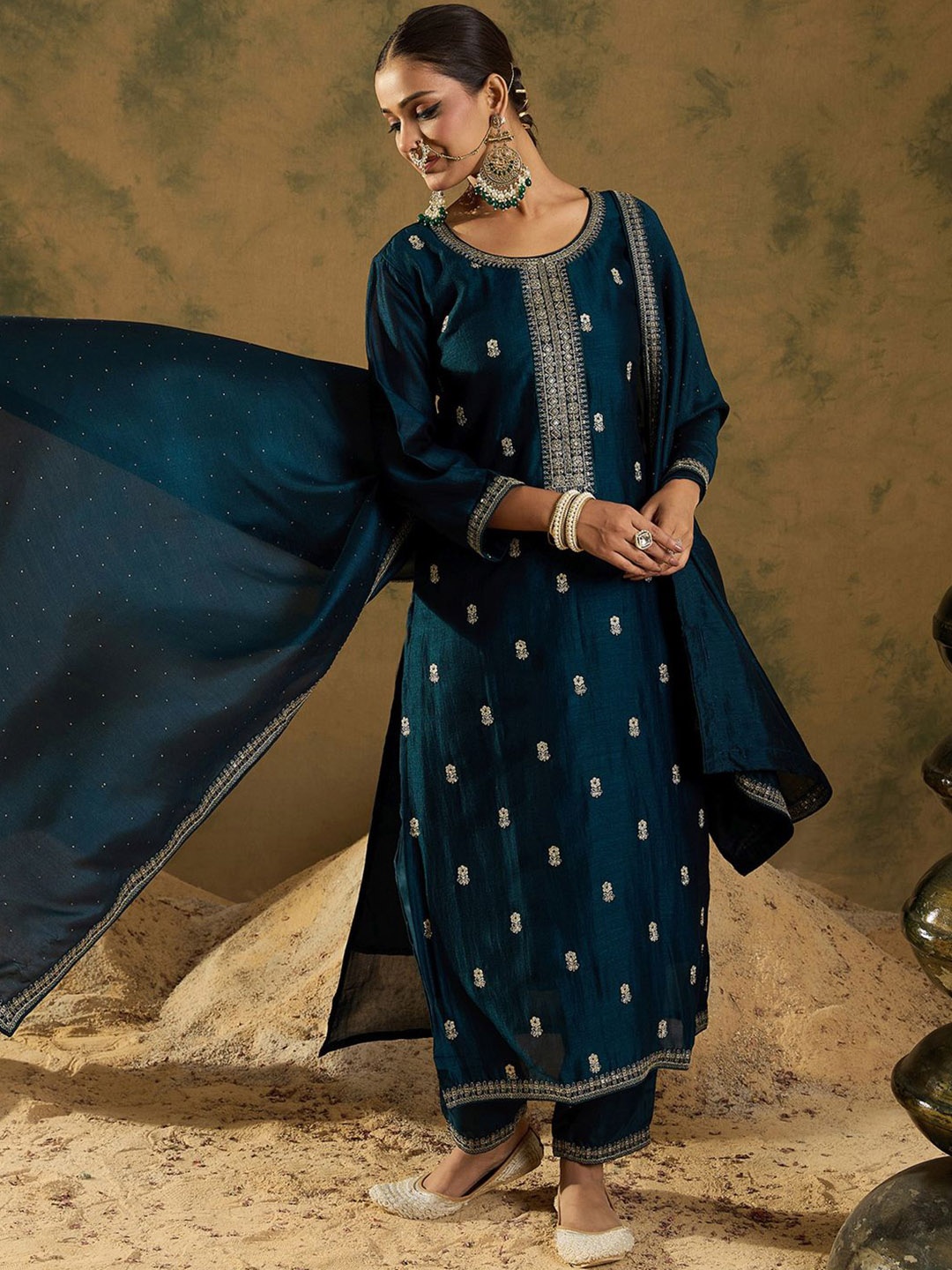 

Indo Era Ethnic Embroidered Thread Work Round Neck Silk Blend Kurta with Trouser & Dupatta, Teal