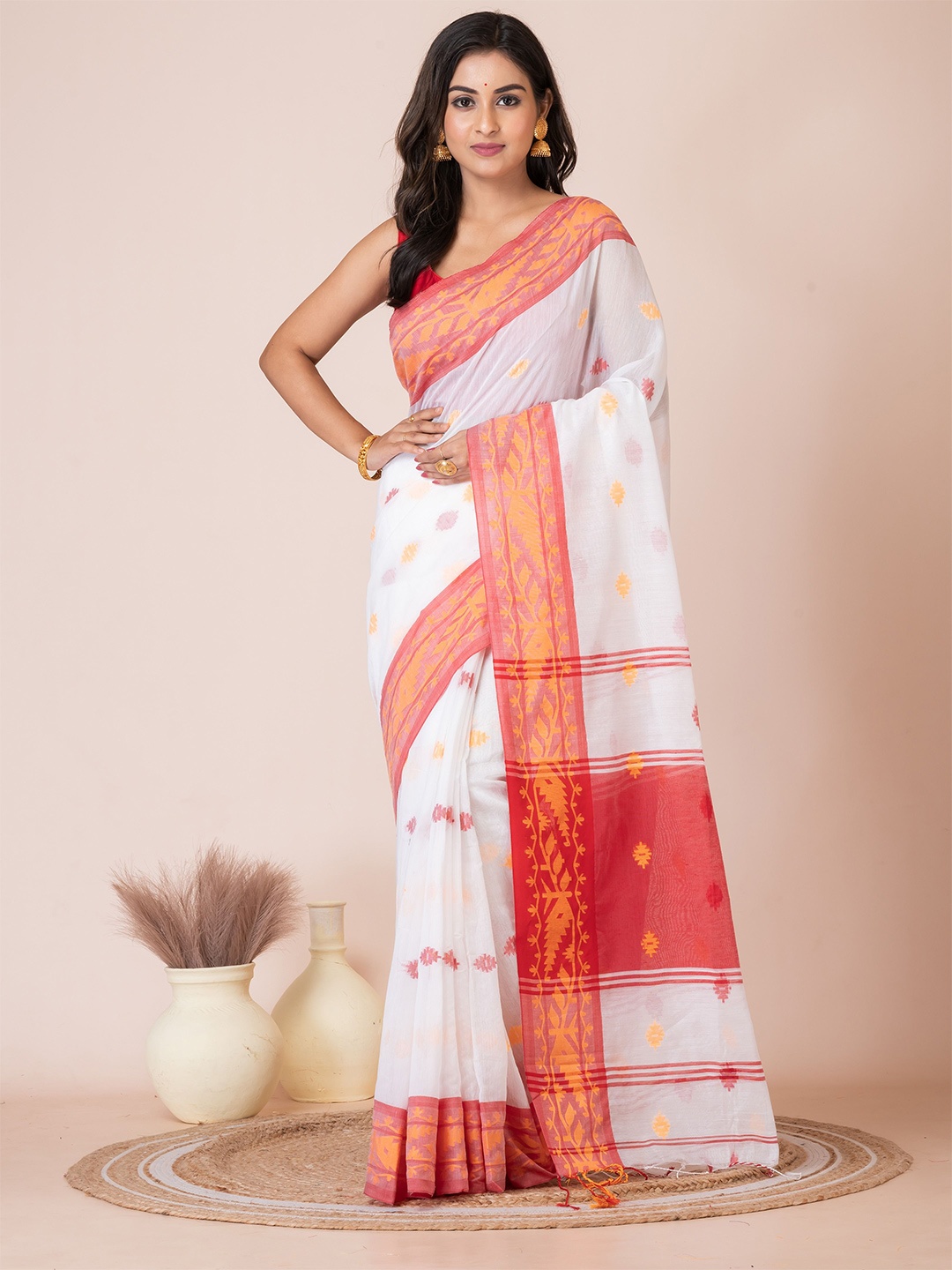 

Laa Calcutta Woven Design Silk Cotton Saree, White