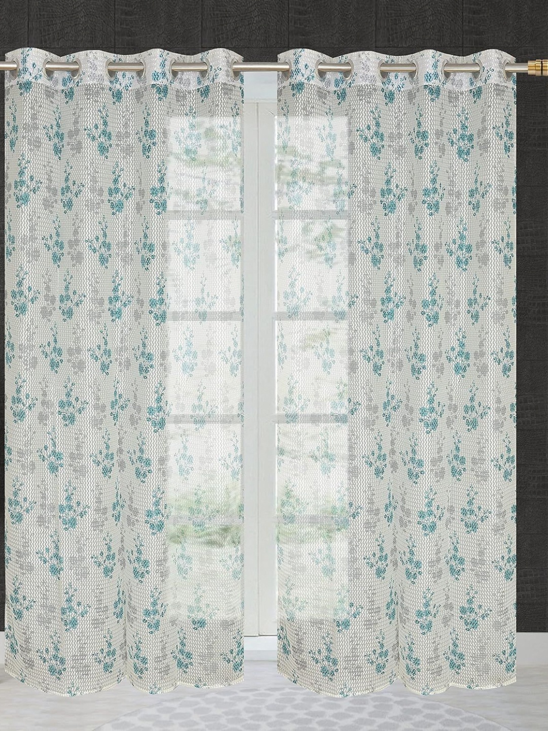 

JBG Home Store White & Blue 2 Pieces Floral Printed Sheer Window Curtain