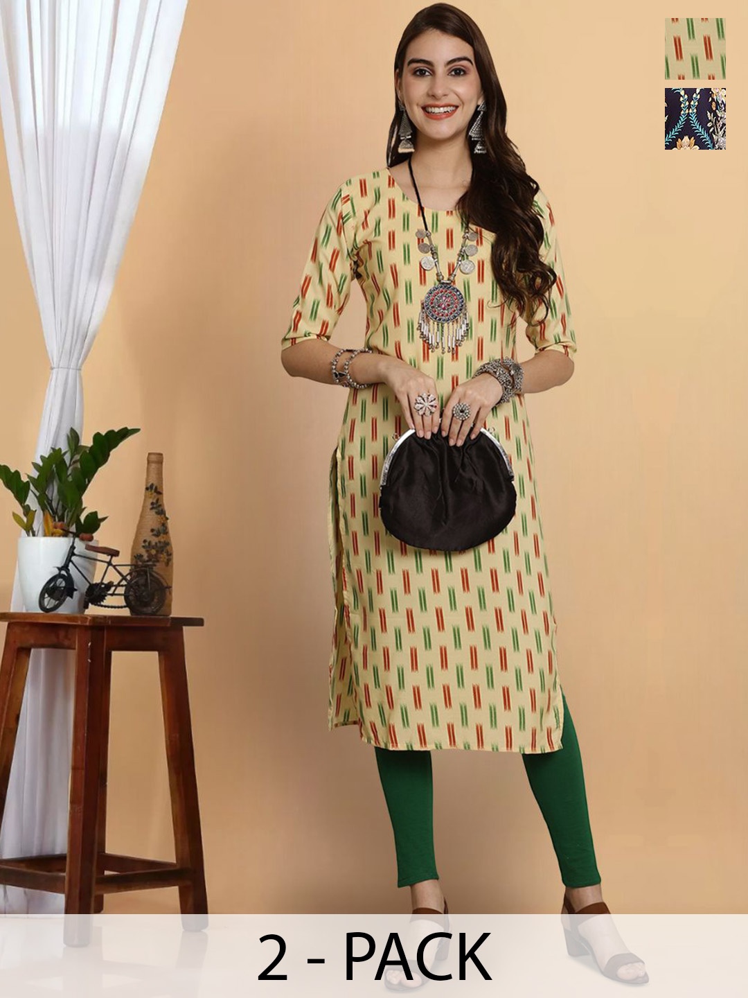 

7Threads Selection Of 2 Printed Straight Kurtas, Yellow