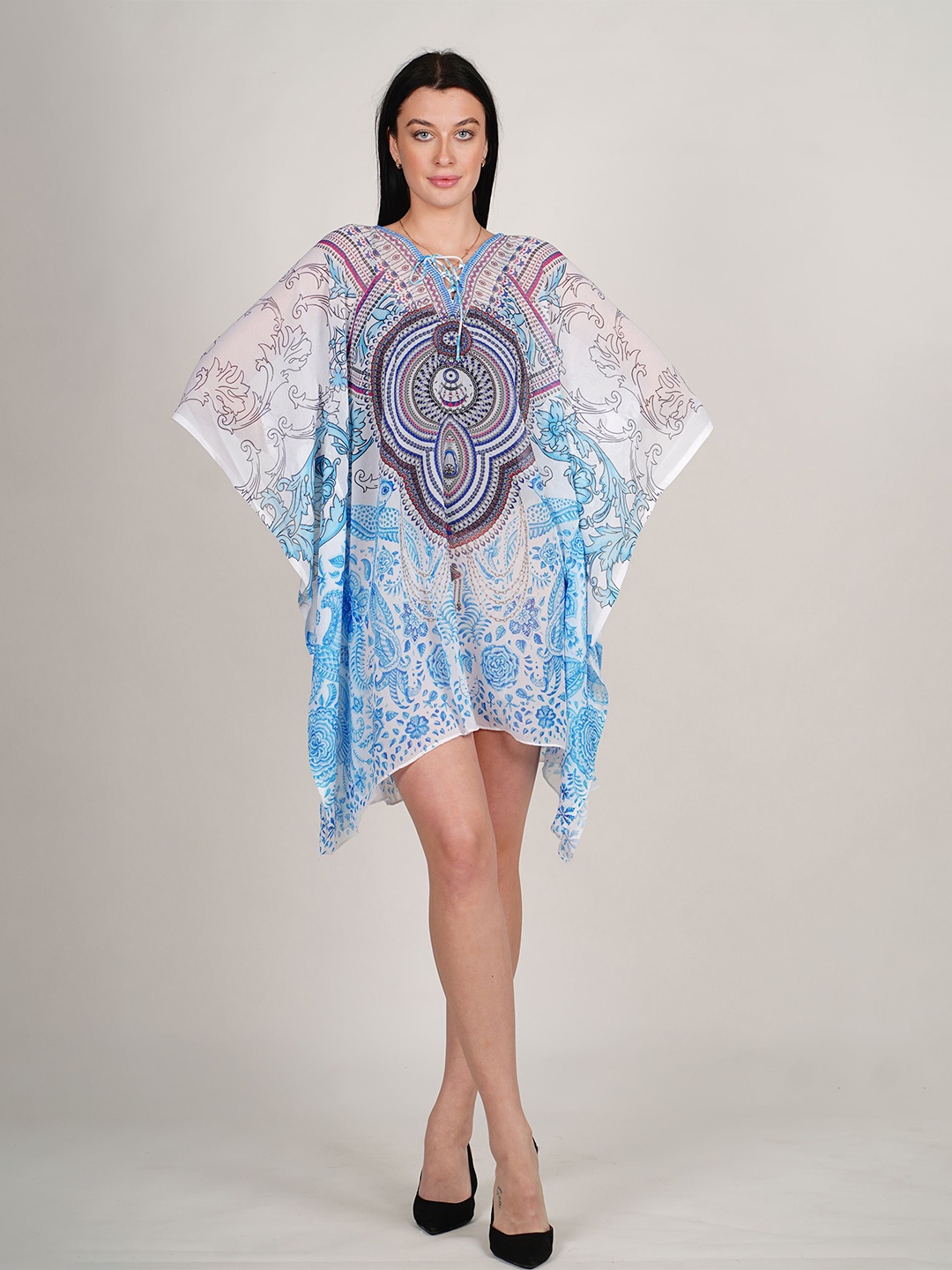 

ravi rajoria Printed V-Neck Kimono Sleeve Crepe Kaftan Maxi Dress, White