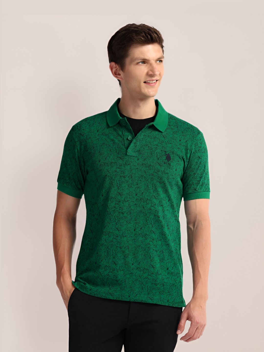 

U.S. Polo Assn. Men Floral Printed Polo Collar Cotton Slim Fit T-Shirt, Green