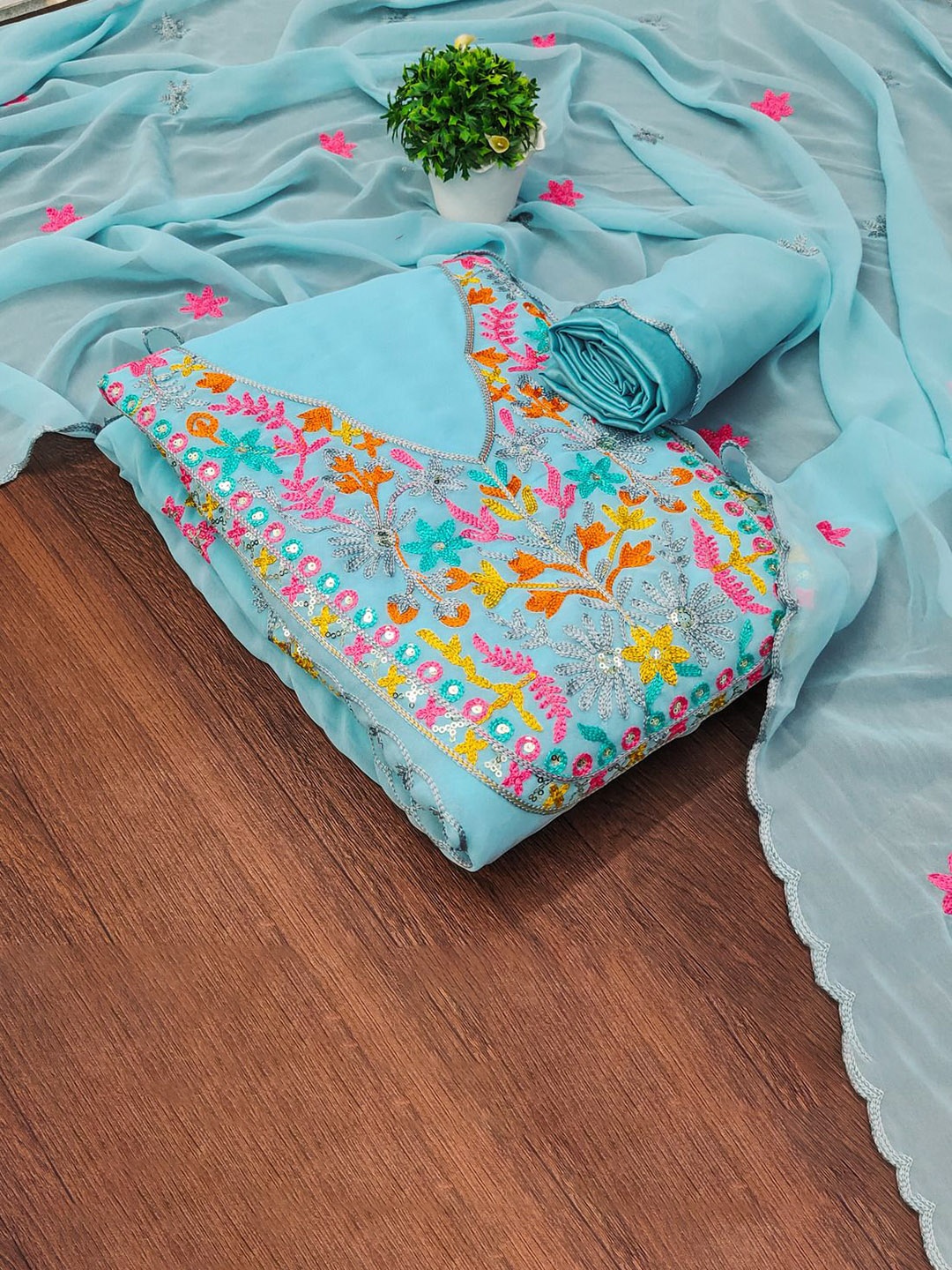 

APNISHA Floral Embroidered Thread Work Unstitched Dress Material, Turquoise blue