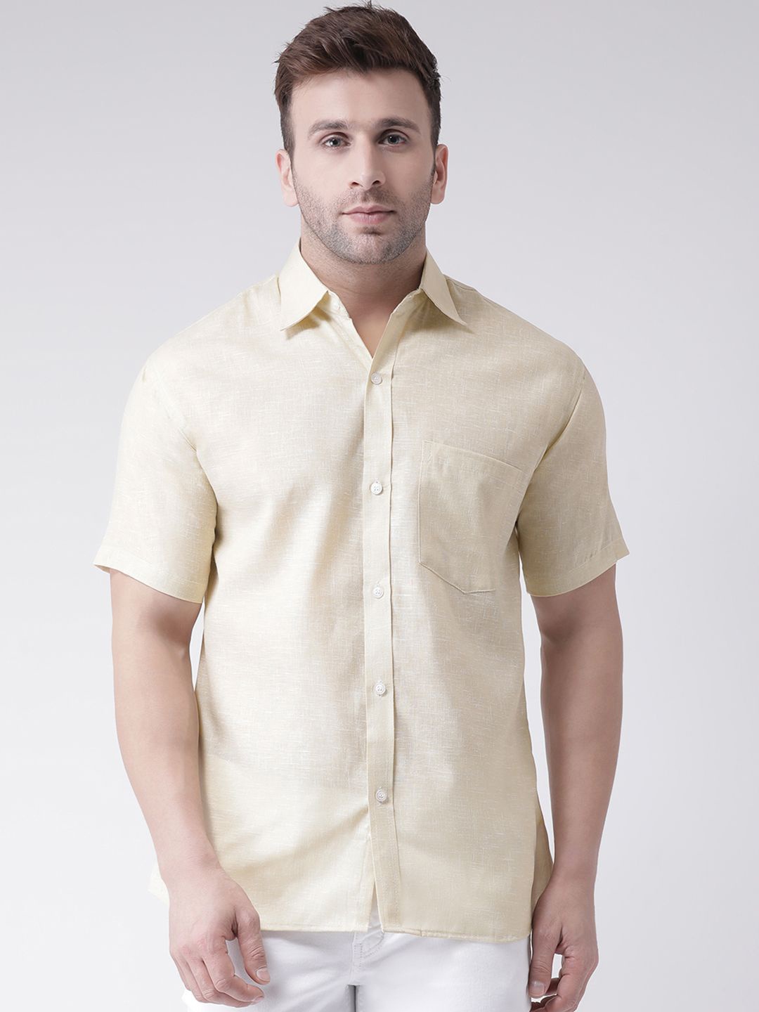 

KLOSET BY RIAG Men Classic Spread Collar Solid Cotton Linen Casual Shirt, Beige