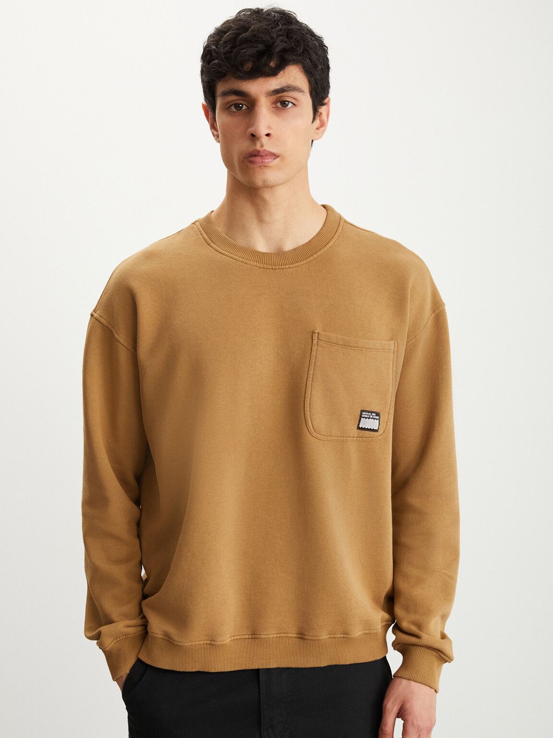 

GRIMELANGE Men Solid Round Neck Sweatshirt, Khaki