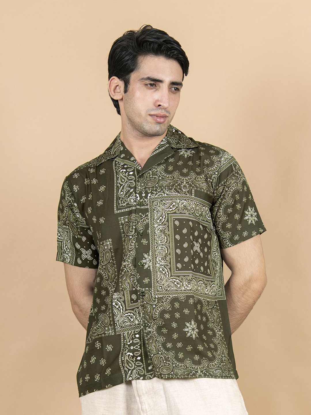 

Tistabene Men Standard Cuban Collar Ethnic Printed Cotton Casual Shirt, Green