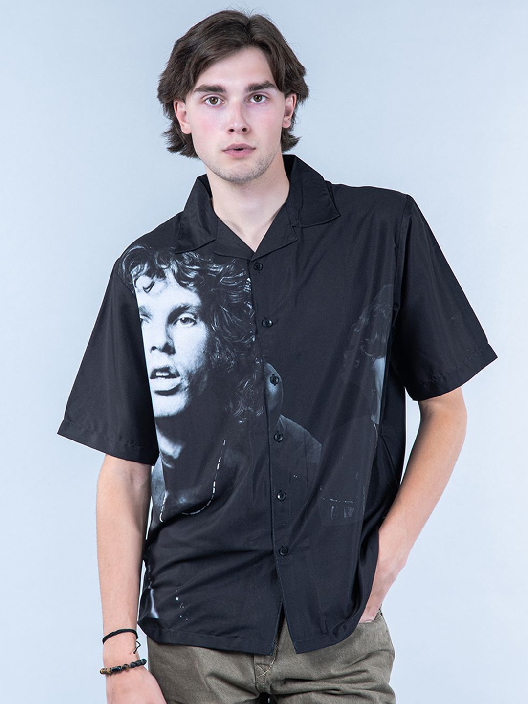 

Tistabene Men Standard Cuban Collar Abstract Printed Crepe Oversized Casual Shirt, Black