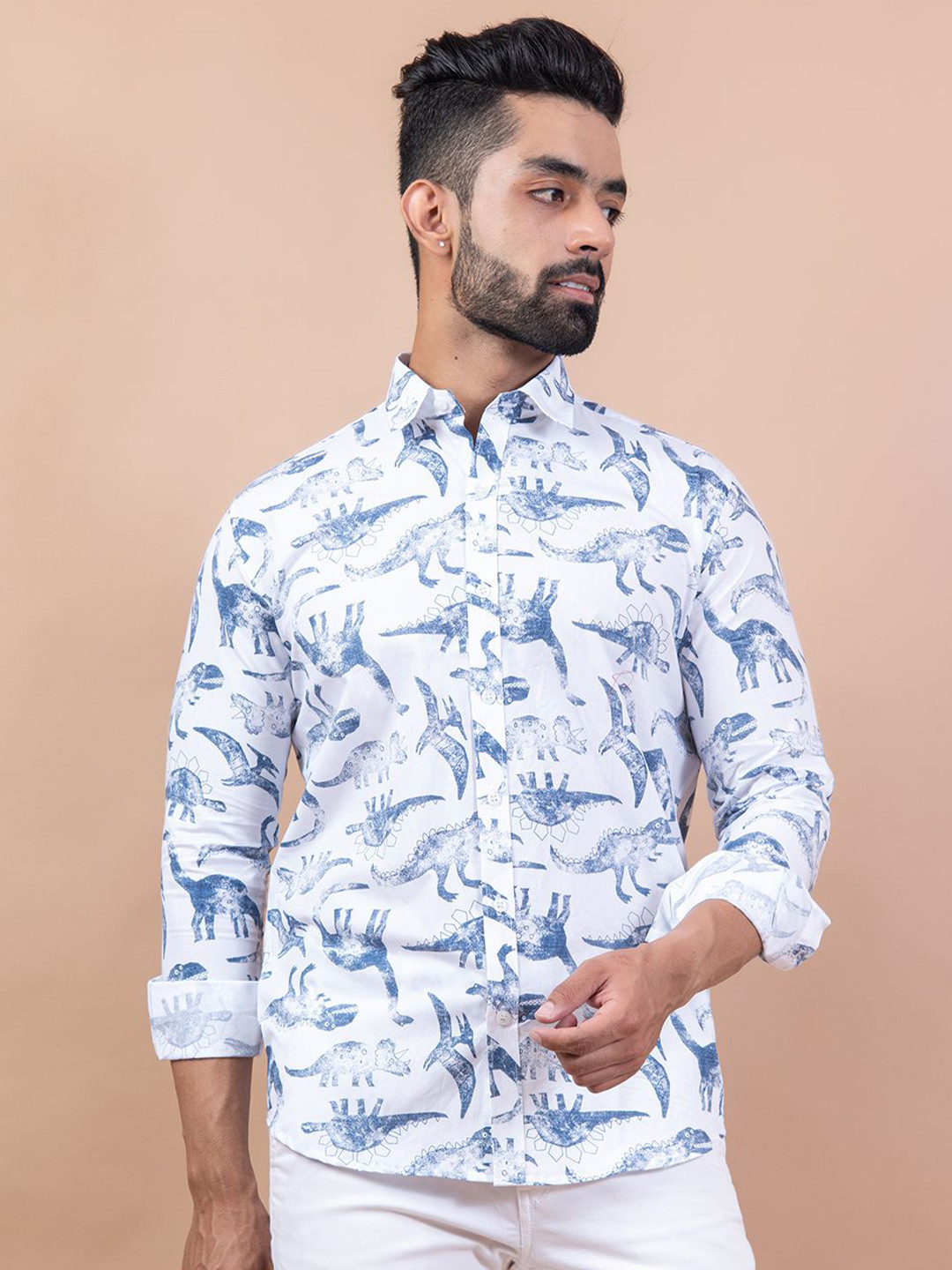 

Tistabene Men Standard Spread Collar Abstract Printed Cotton Casual Shirt, White