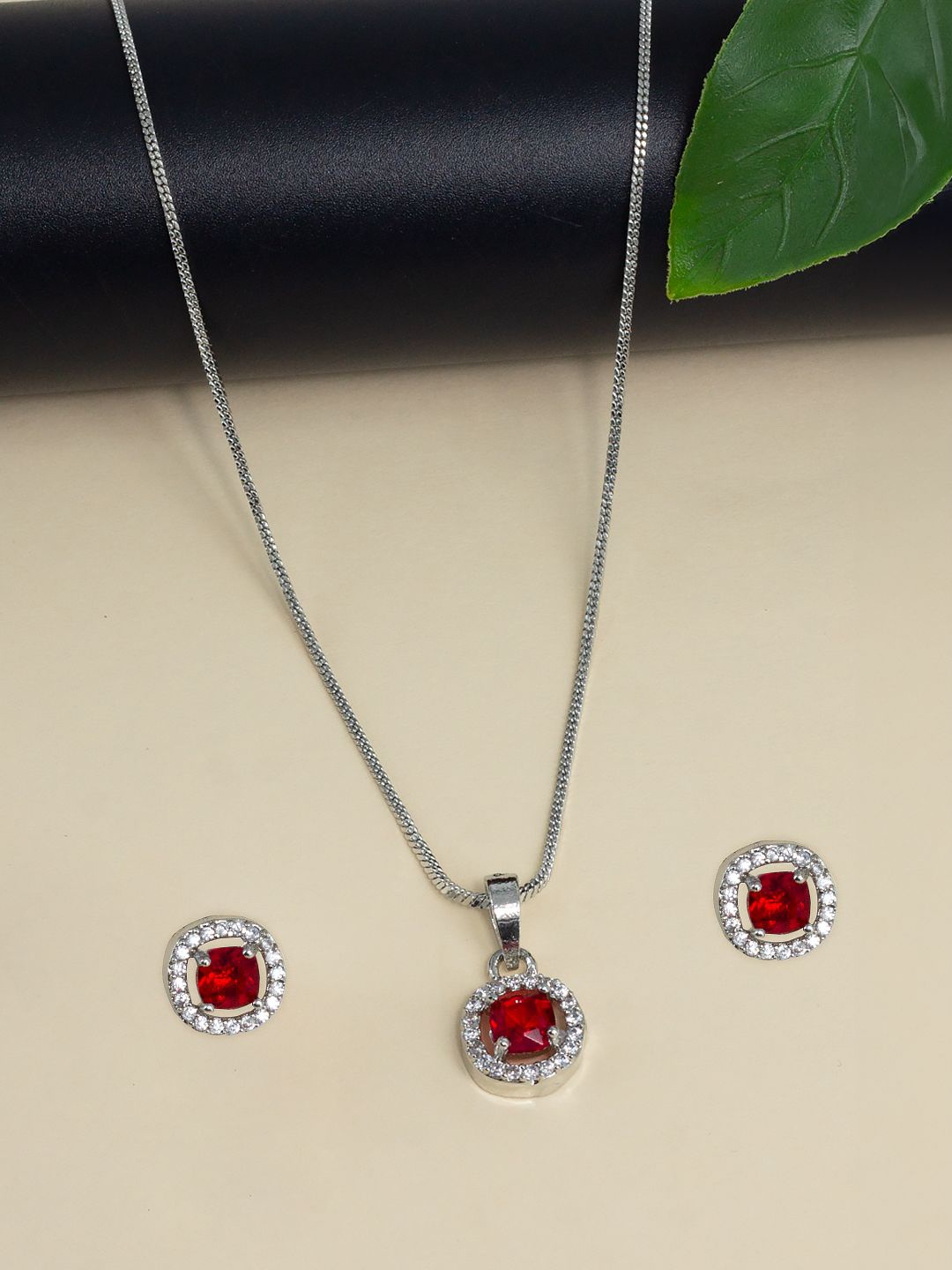 

PRIVIU Rhodium-Plated American Diamond Studded Jewellery Set, Silver