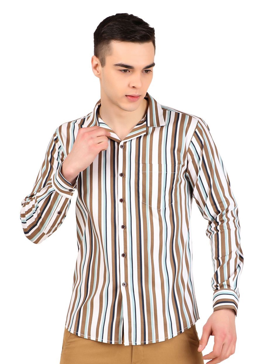 

DESIGN UP Men Relaxed Cuban Collar Multi Striped Cotton Slim Fit Casual Shirt, Beige