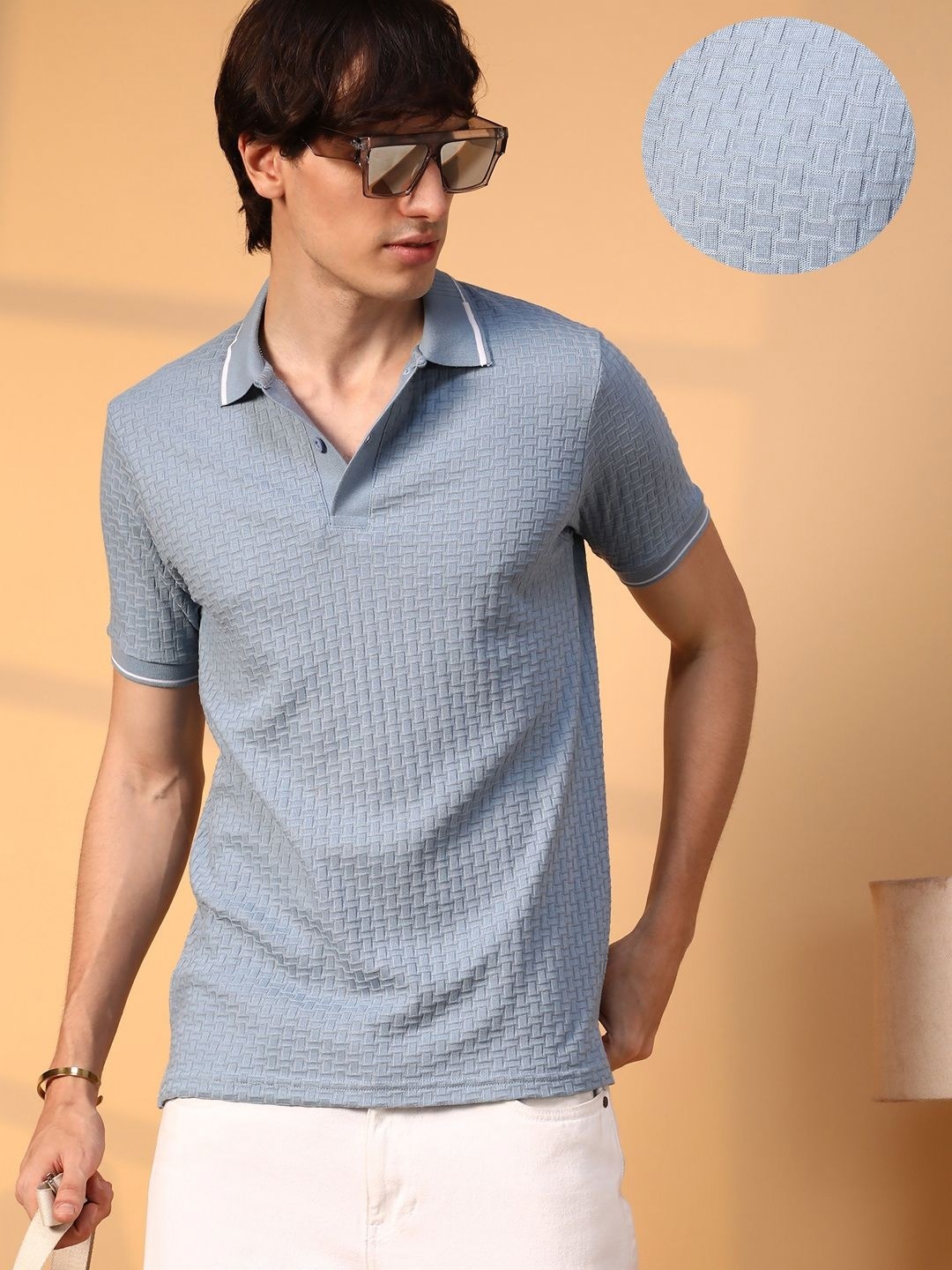 

Campus Sutra Men Self Design Polo Collar Cotton T-Shirt, Blue