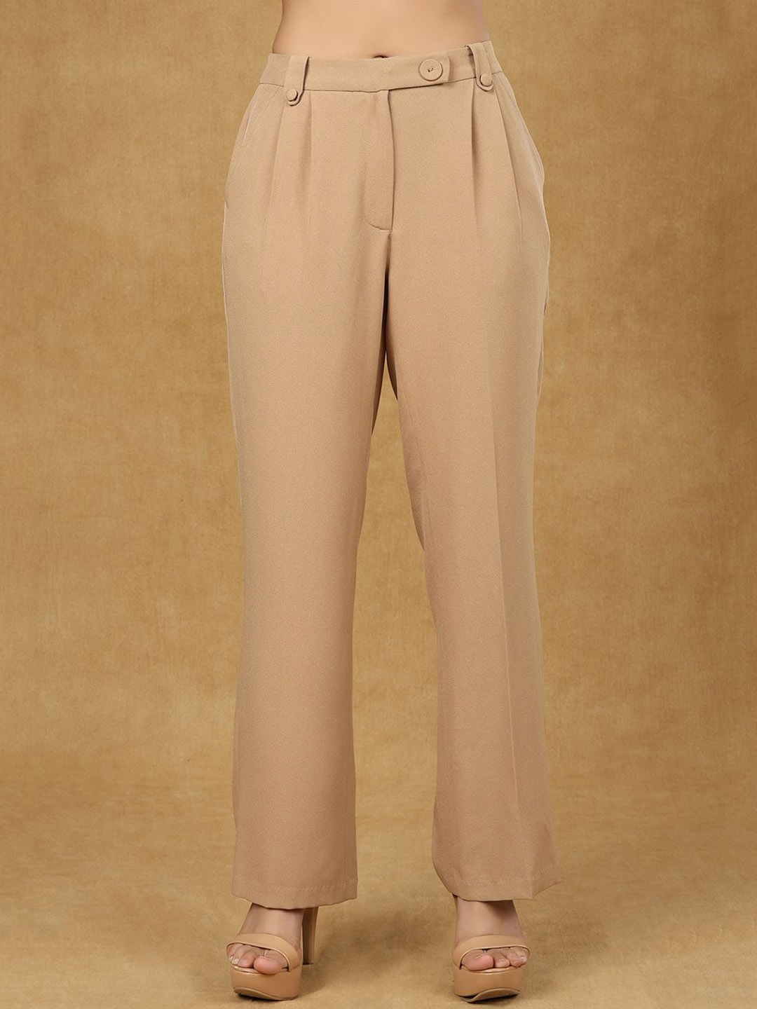 

PowerSutra Women Comfort Straight Fit High-Rise Pleated Trousers, Beige