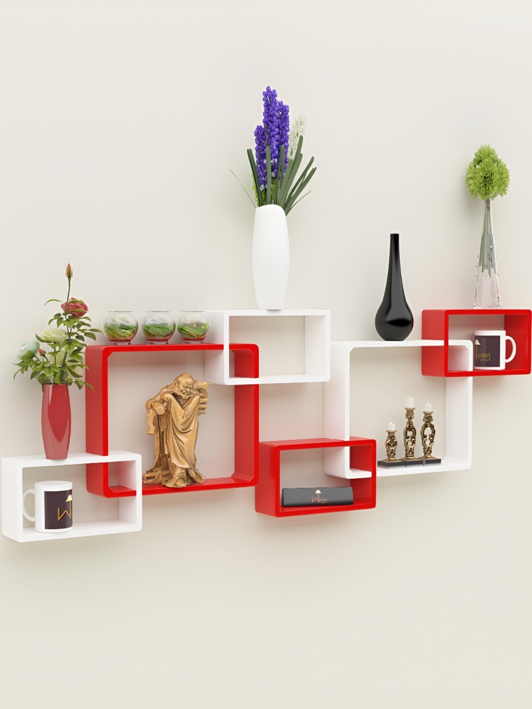 

Wooden Twist Red & White 6 Pieces Wood Intersecting Wall Shelf