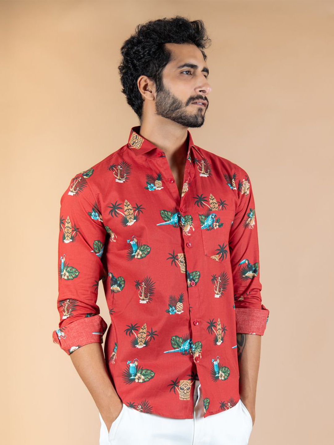 

Tistabene Men Standard Spread Collar Floral Printed Cotton Casual Shirt, Red