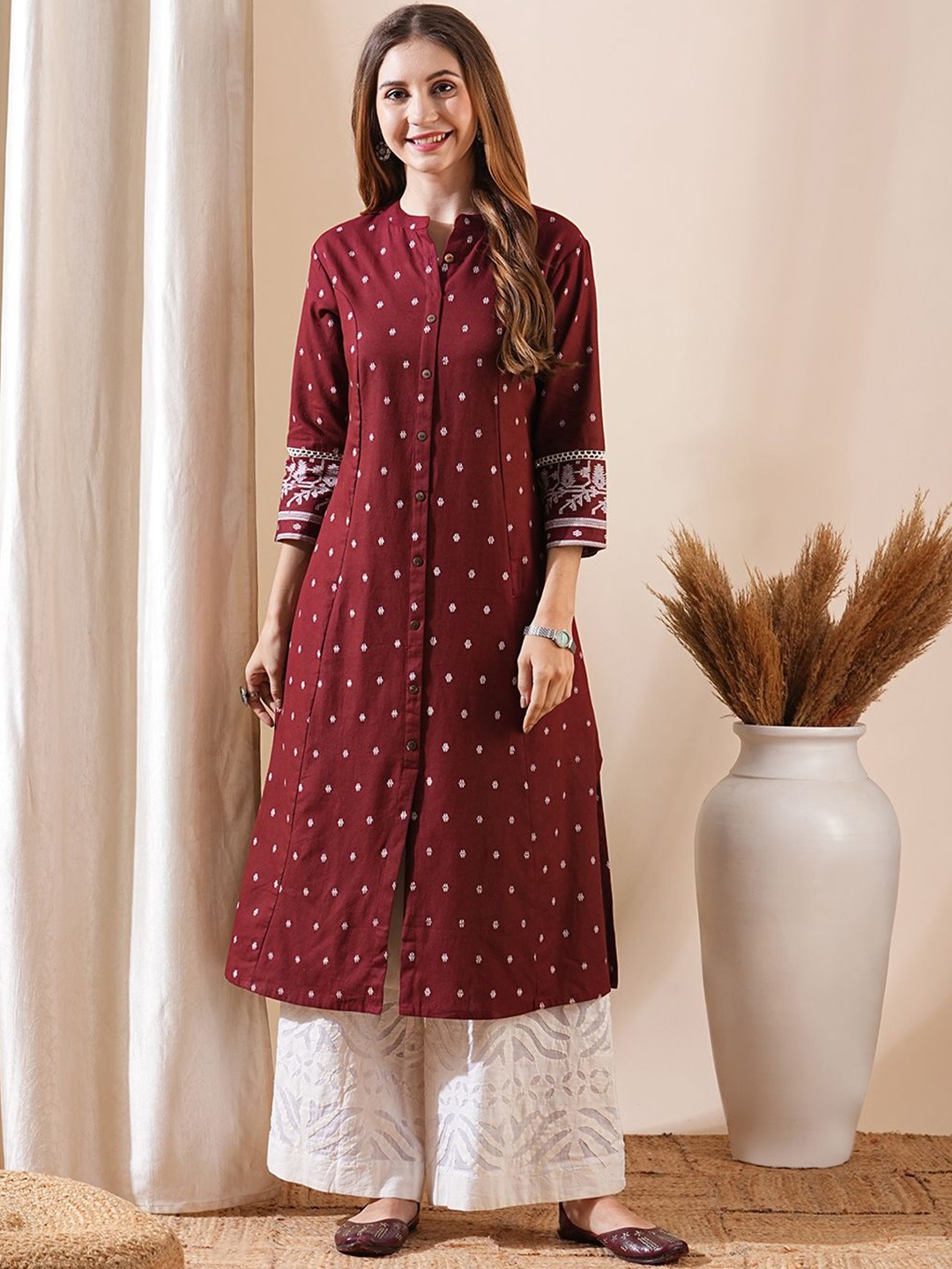 

FASHOR Ethnic Motifs Printed Mandarin Collar A-Line Cotton Kurta, Maroon